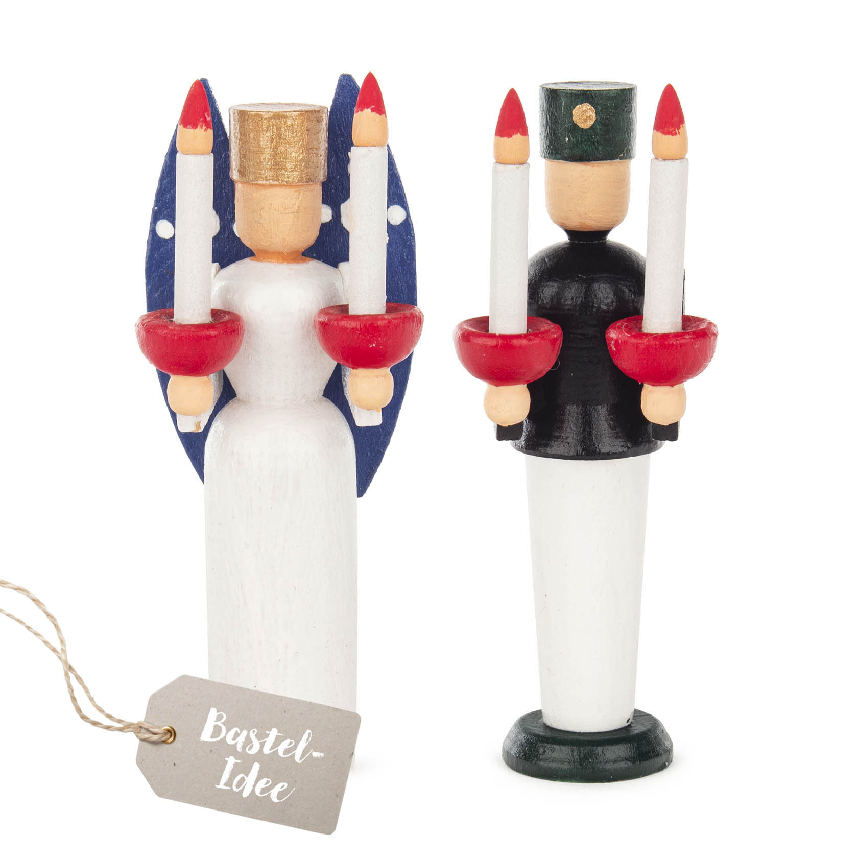 Two wooden figurines featuring a painted angel with red wings and a miner, both holding candles, in traditional attire. im Dregeno Online Shop günstig kaufen