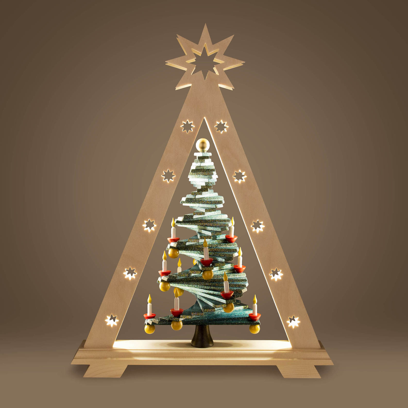 Illuminated Schwibbogenspitze Step Tree with Gold Effect and LED lights, designed as a pyramid with a star on top.