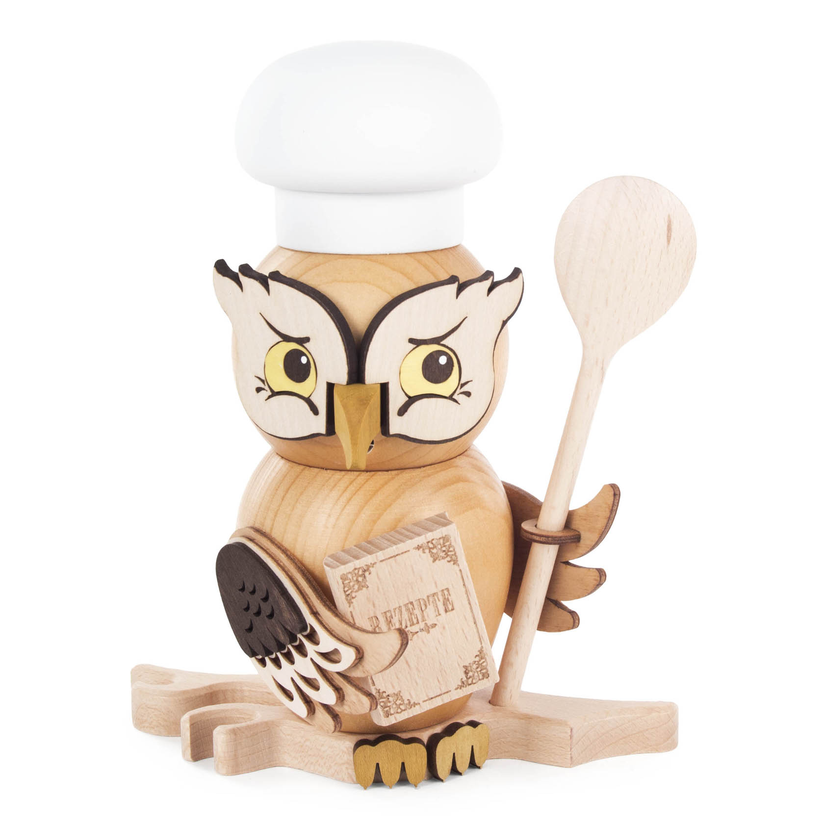 Holzfigur einer Eule mit Kochmütze, die einen Kochlöffel und ein Rezeptbuch hält. im Dregeno Online Shop günstig kaufen