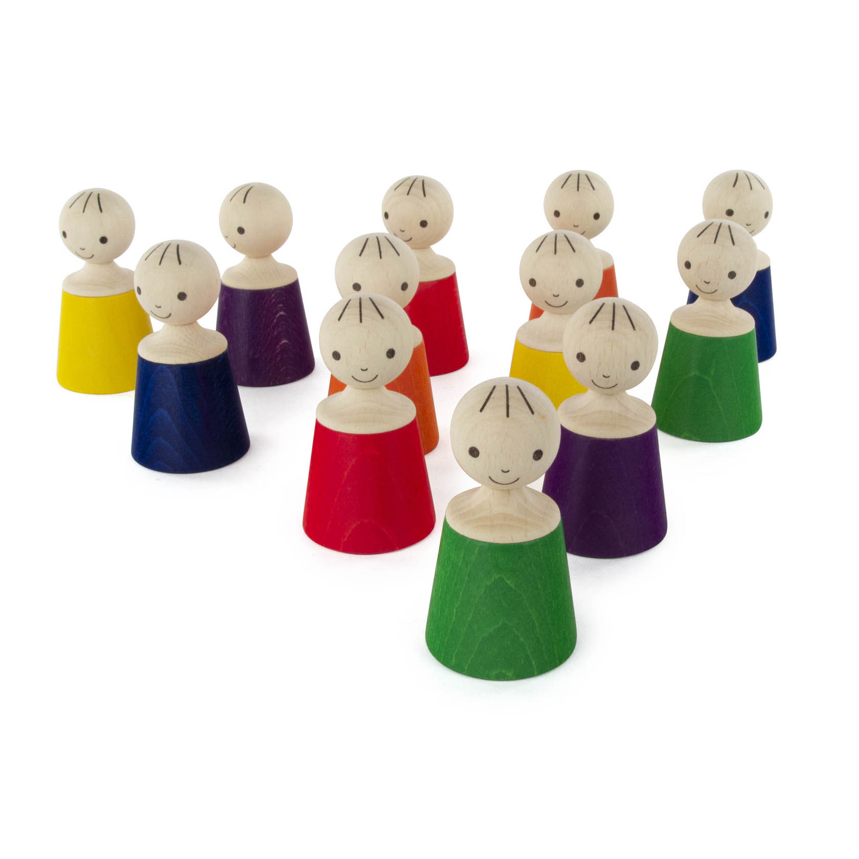 Twelve wooden toy figures with painted colorful bases and simple smiling faces. Each figure has a distinct color, including red, blue, yellow, and green. im Dregeno Online Shop günstig kaufen