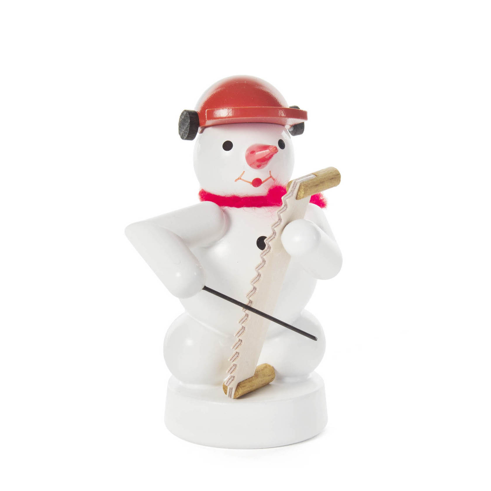 Holzschneemann mit rotem Hut hält eine singende Säge und einen Bogen in den Händen. im Dregeno Online Shop günstig kaufen
