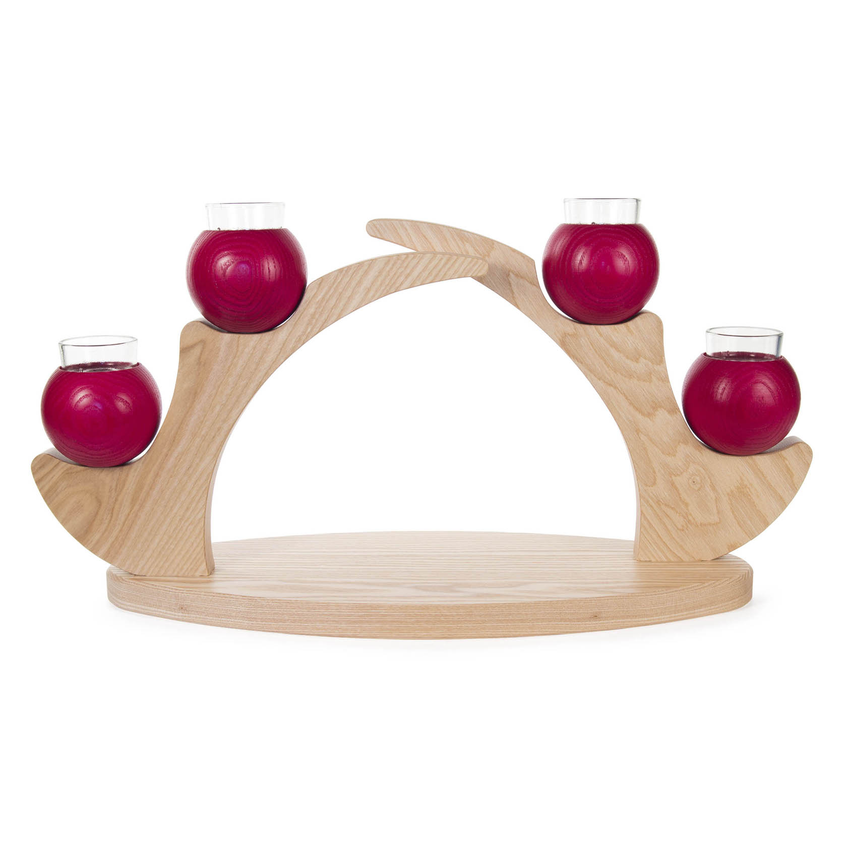 A wooden candle holder with a curved arch design featuring four red spherical candle holders, each with a glass top. im Dregeno Online Shop günstig kaufen