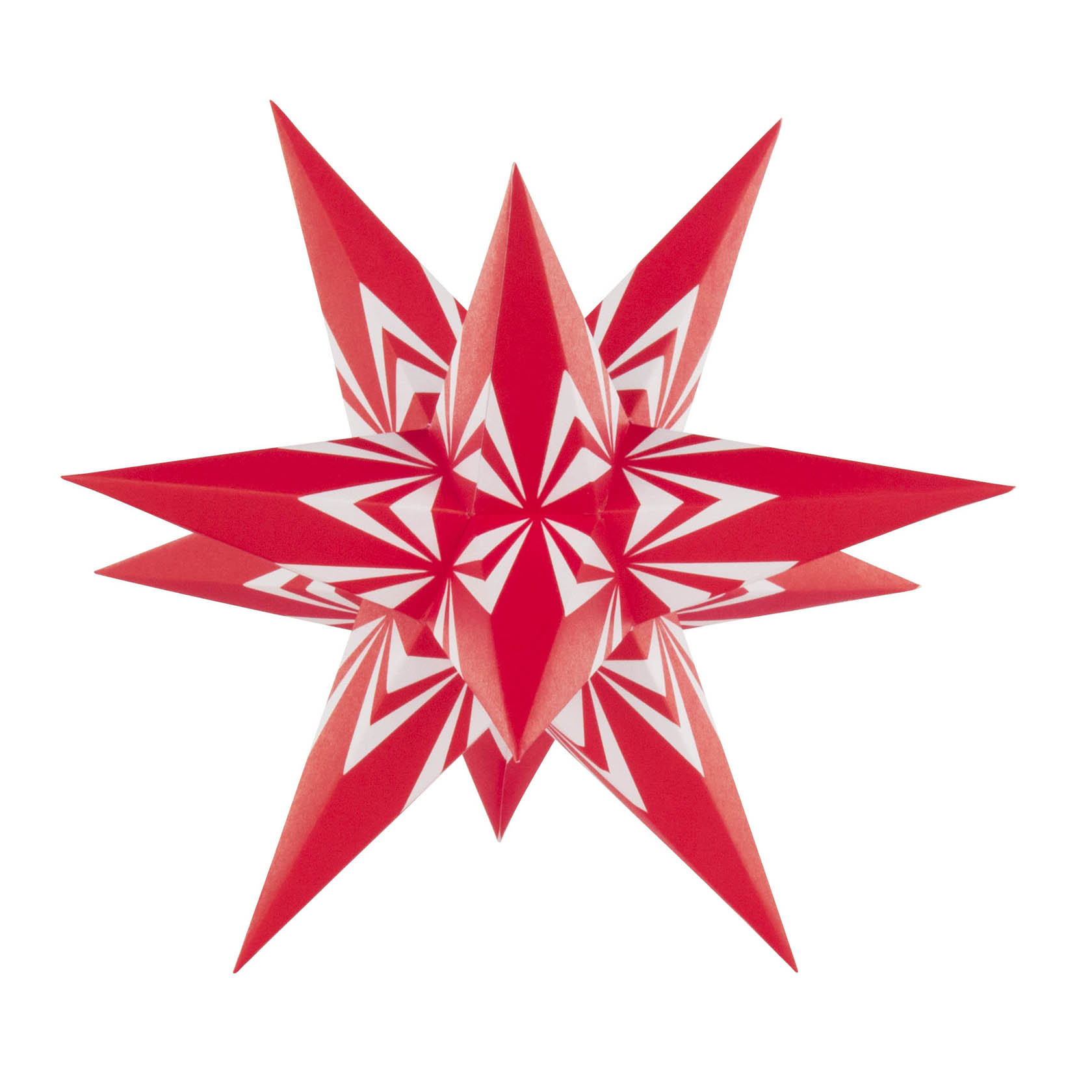 Roter Stern mit weißen Mustern, besitzt mehrere Zacken und stilvolle geometrische Designs. Durch elektrisches Licht von innen beleuchtet. im Dregeno Online Shop günstig kaufen