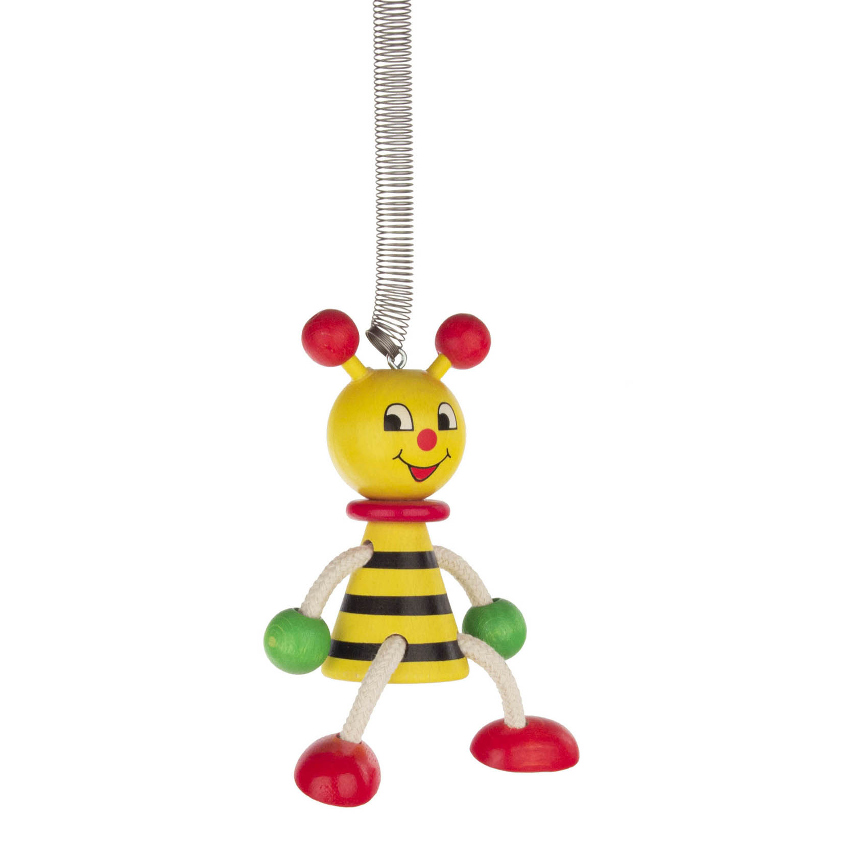 Eine Holzfigur einer Biene mit gelbem Kopf, schwarzen Streifen auf dem Körper und roten sowie grünen Details, hängt an einer Metallfeder. im Dregeno Online Shop günstig kaufen