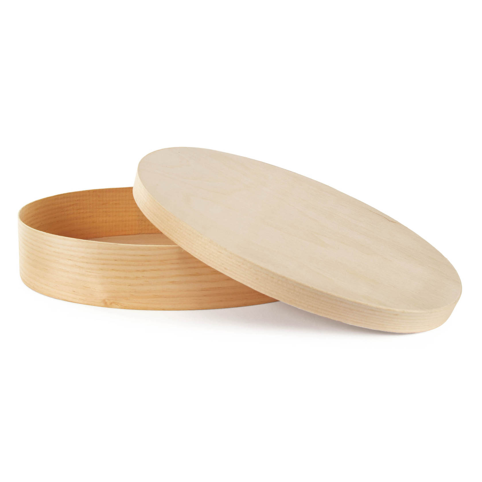 Ovale Spanschachtel aus Holz, halb geöffnet, Maße 250x150x50 mm