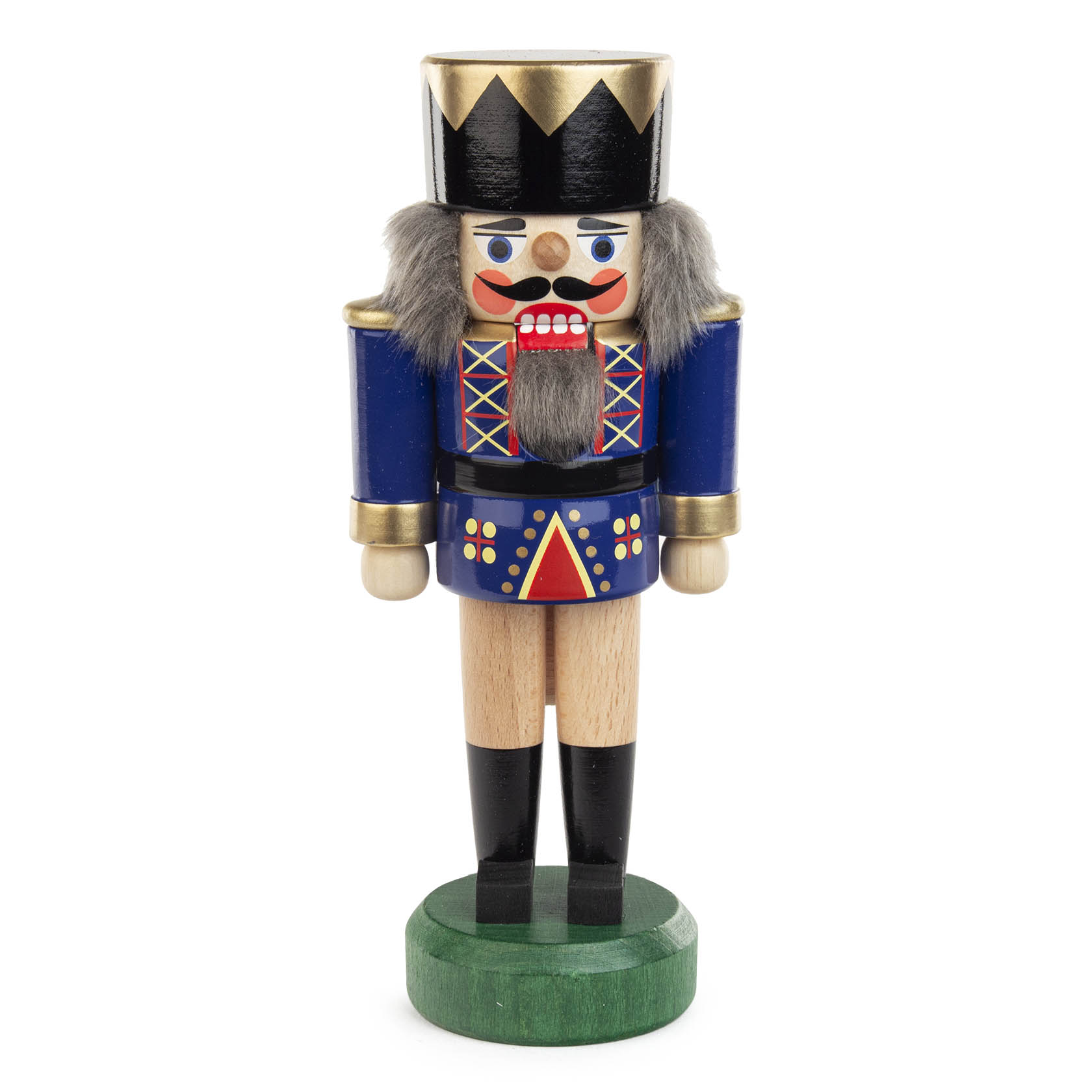Ein Nussknacker in königlicher Uniform mit blauem Mantel und goldener Krone, 17 cm groß. im Dregeno Online Shop günstig kaufen