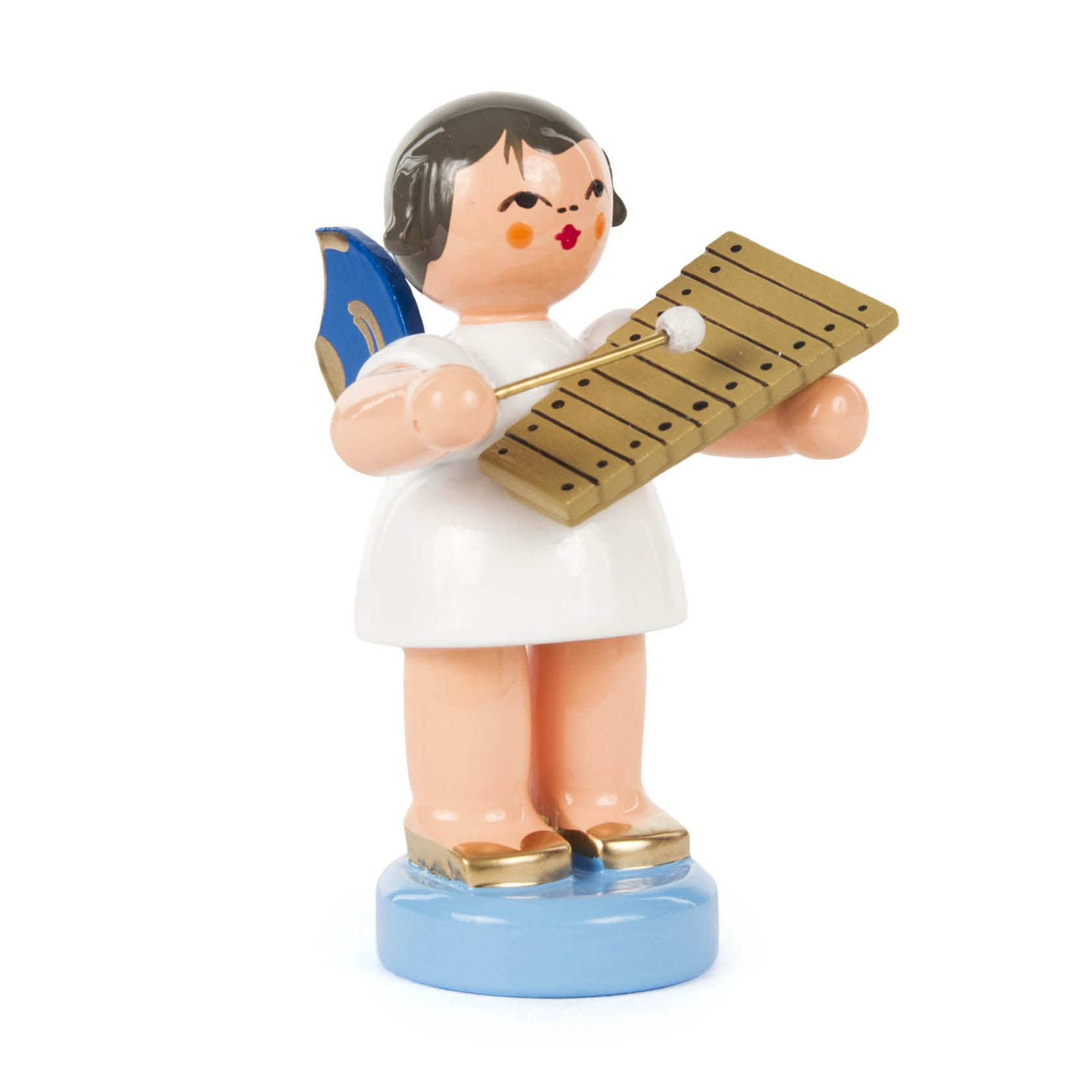 Ein Engel aus Holz mit blauen Flügeln steht aufrecht und hält ein Xylophon in den Händen. im Dregeno Online Shop günstig kaufen
