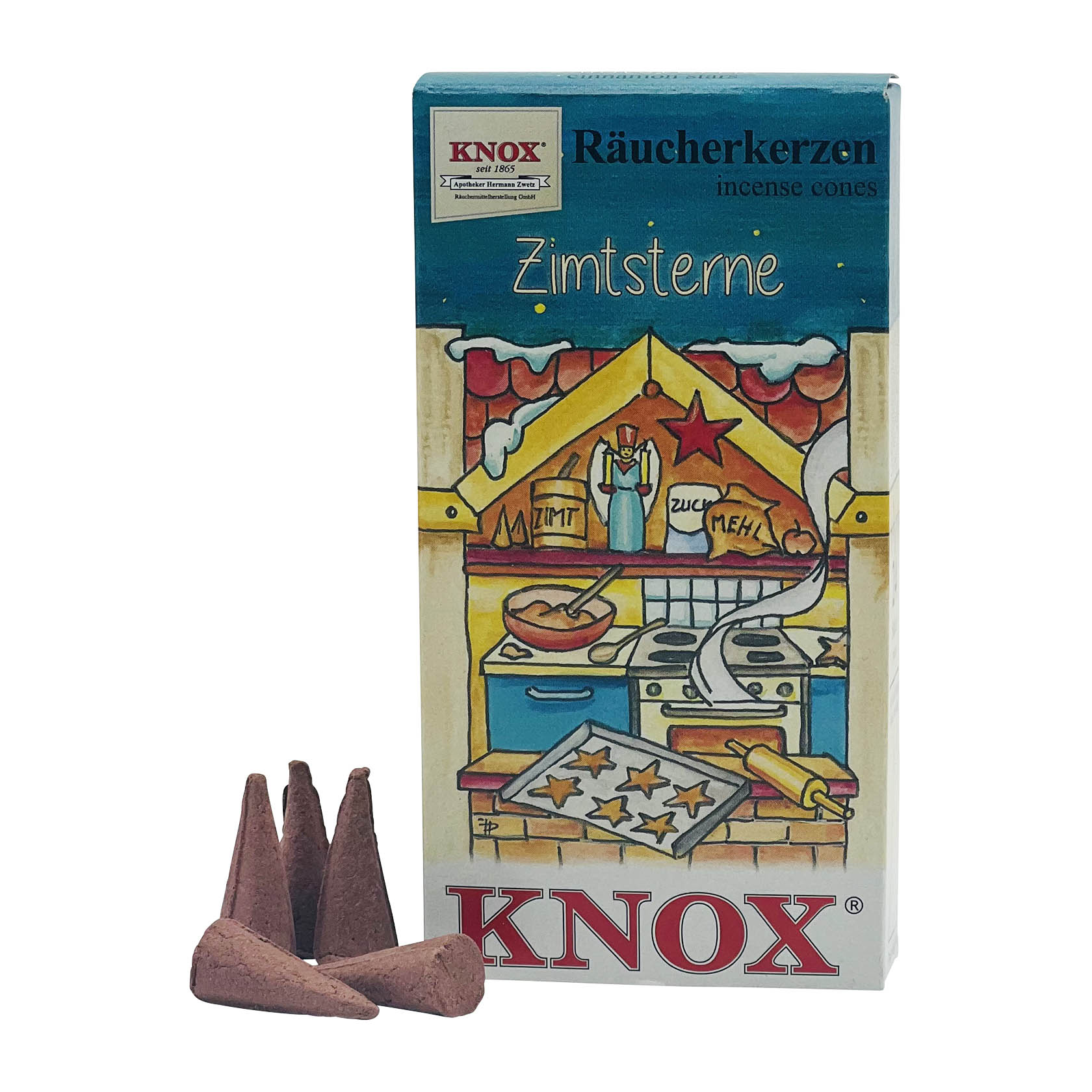 Verpackung von KNOX Räucherkerzen mit Zimtstern-Motiv, offen mit sichtbaren Zimtstern-Räucherkerzen und leicht erkennbarem Rauch. im Dregeno Online Shop günstig kaufen