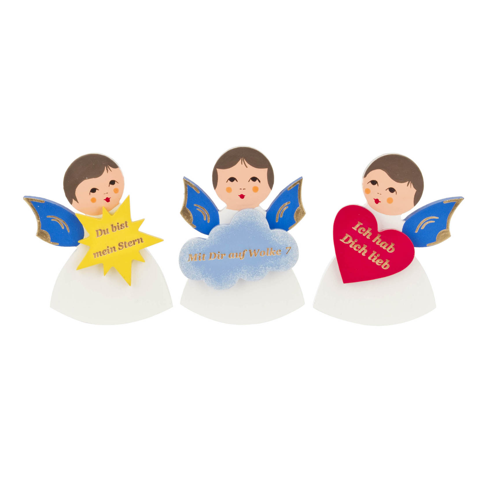 Drei Magnetengel mit blauen Flügeln. Der erste hält einen gelben Stern mit 'Du bist mein Stern', der zweite eine blaue Wolke mit 'Mit Dir auf Wolke 7', der dritte ein rotes Herz mit 'Ich hab Dich lieb'. im Dregeno Online Shop günstig kaufen