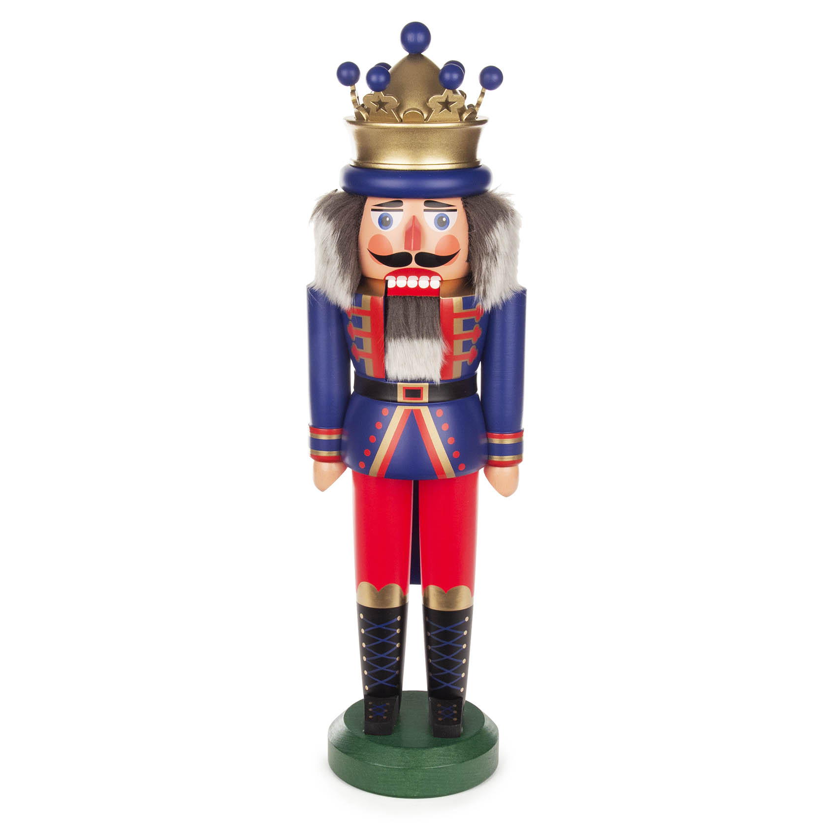 A 42cm tall Nutcracker King with a blue matte outfit, crowned with a gold and black crown. Features fur shoulder accents and a beard. im Dregeno Online Shop günstig kaufen