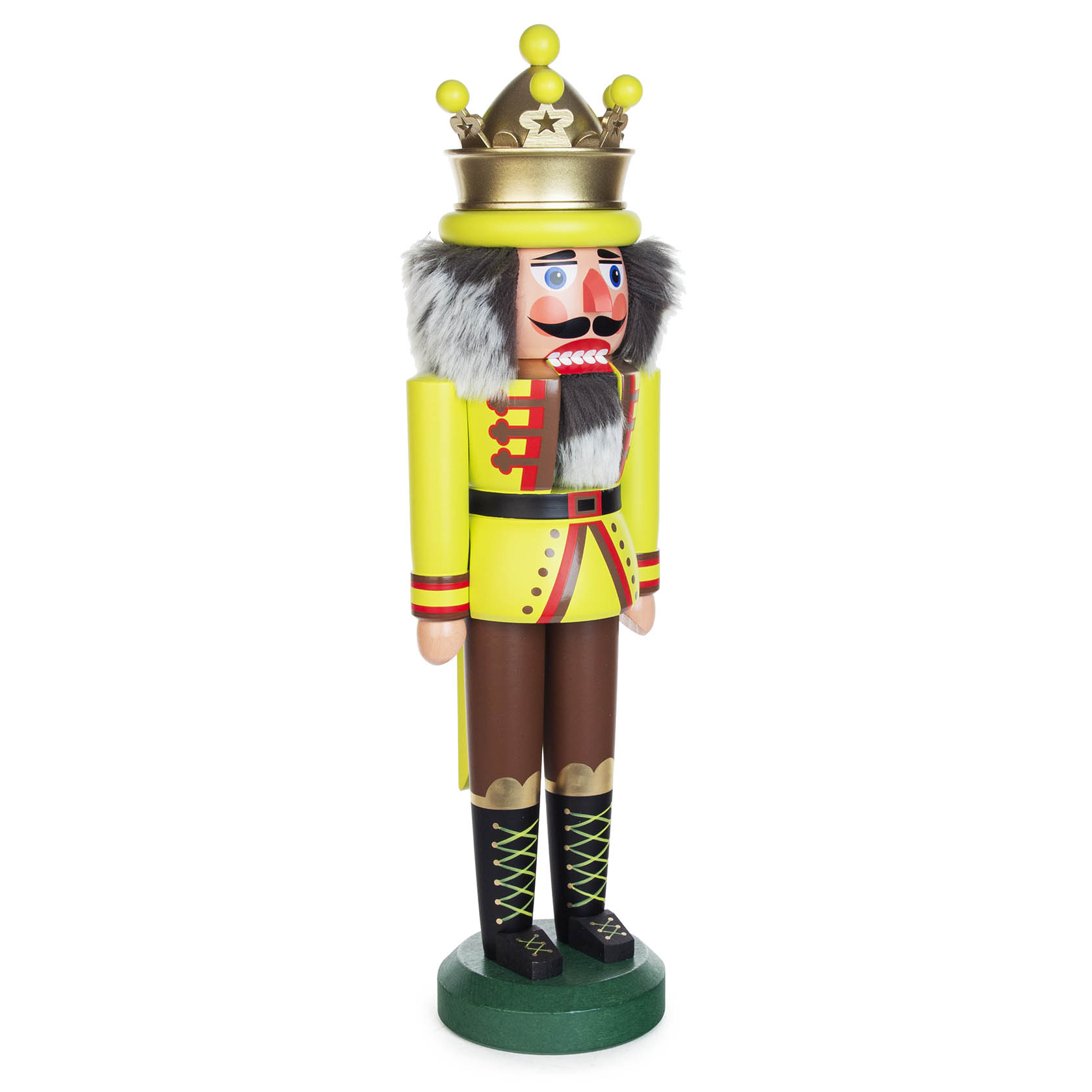 A 42cm tall Nutcracker King with a yellow-green matte finish, wearing a crown and traditional uniform, with a mustache and furry shoulder pads.