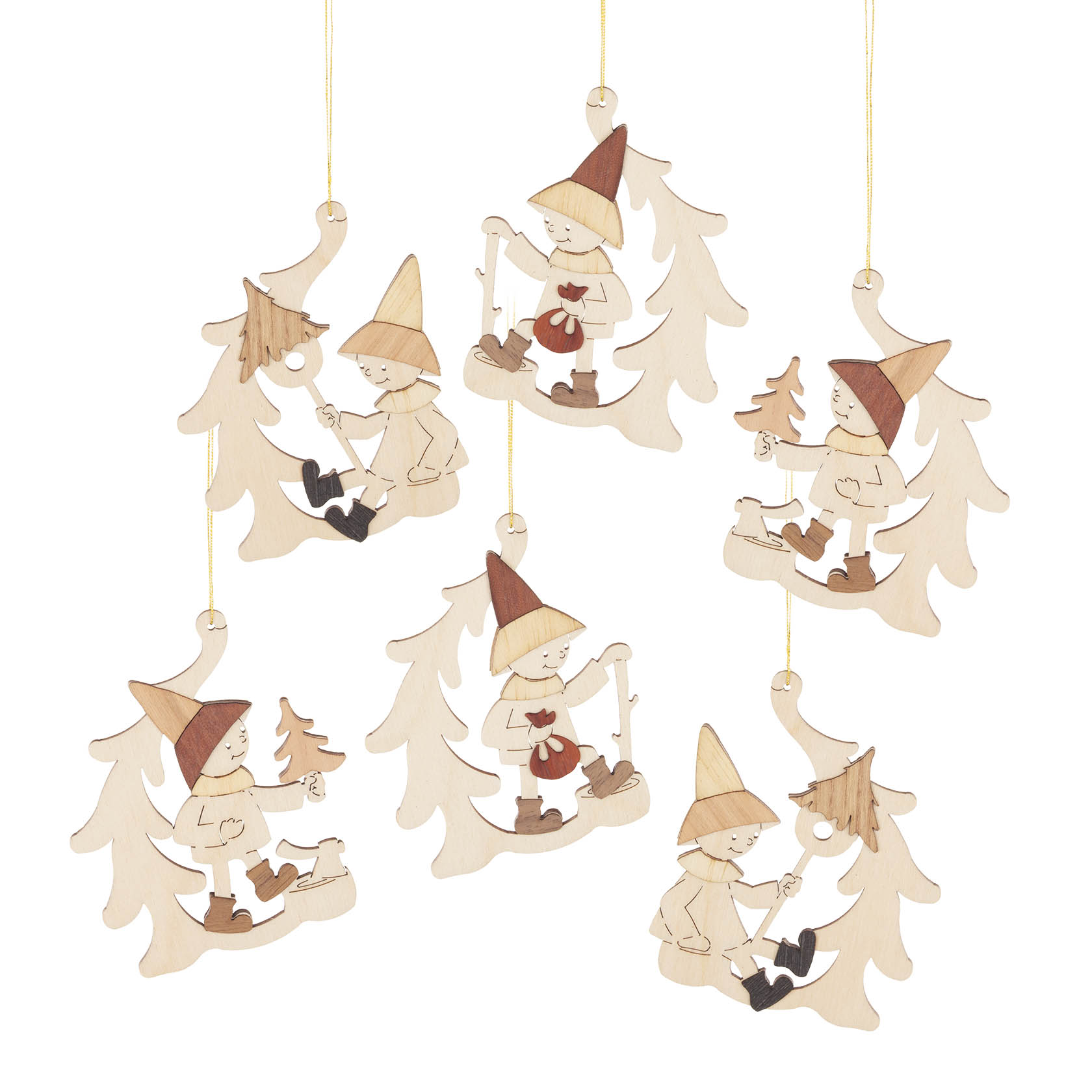 Sechs Holzfiguren von Wichteln als Weihnachtsbaumschmuck. Jeder Wichtel hält ein kleines Tannenbäumchen, trägt einen spitzen Hut und sitzt auf einer Kante. im Dregeno Online Shop günstig kaufen