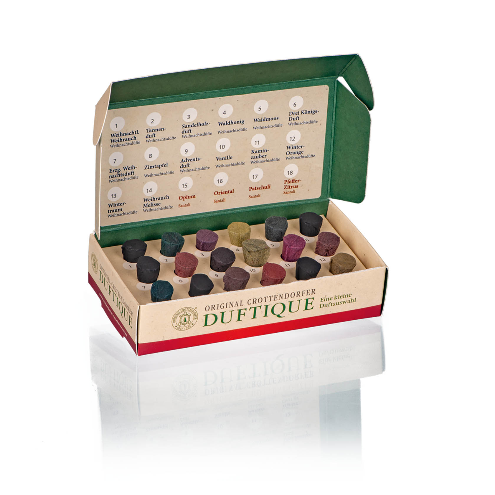 Offene Schachtel mit Crottendorfer Räucherkerzen in verschiedenen Farben. Die Box zeigt Beschreibungen der Düfte, darunter Weihnachtstanne, Santali und Zimtapfel. im Dregeno Online Shop günstig kaufen