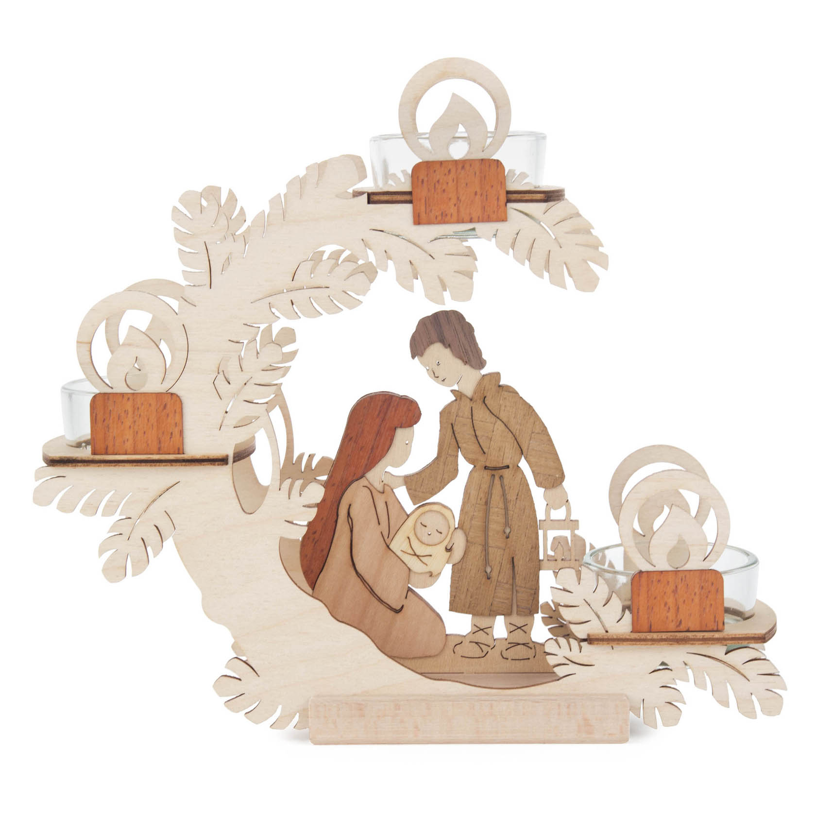 Holz-Teelichthalter mit der Darstellung der Geburt Christi: Maria hält das Jesuskind, Josef steht daneben, umgeben von drei Teelichtern auf Blättern. im Dregeno Online Shop günstig kaufen