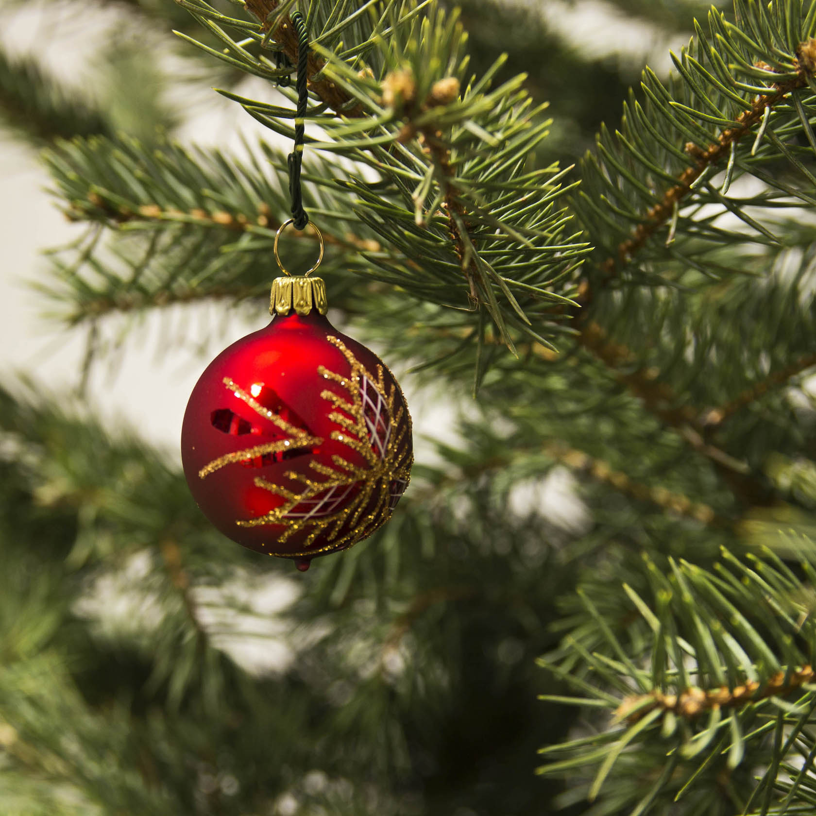 A 4cm red matte Christmas ornament with a waffle pattern hanging on a pine tree branch.