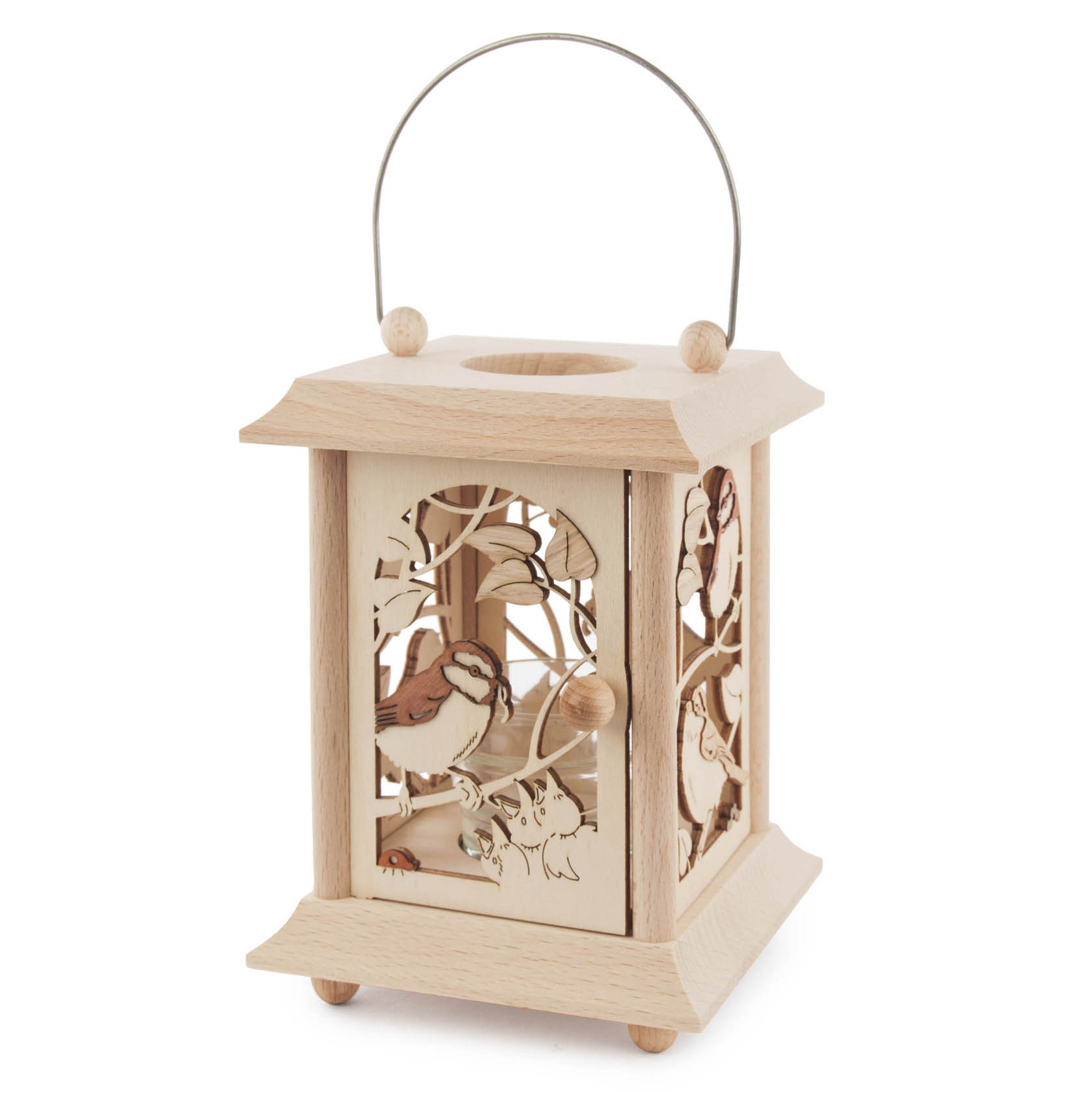Holztischlaterne mit geschnitztem Vogelmotiv und Glaseinsatz für Teelicht, mit Tragegriff. im Dregeno Online Shop günstig kaufen