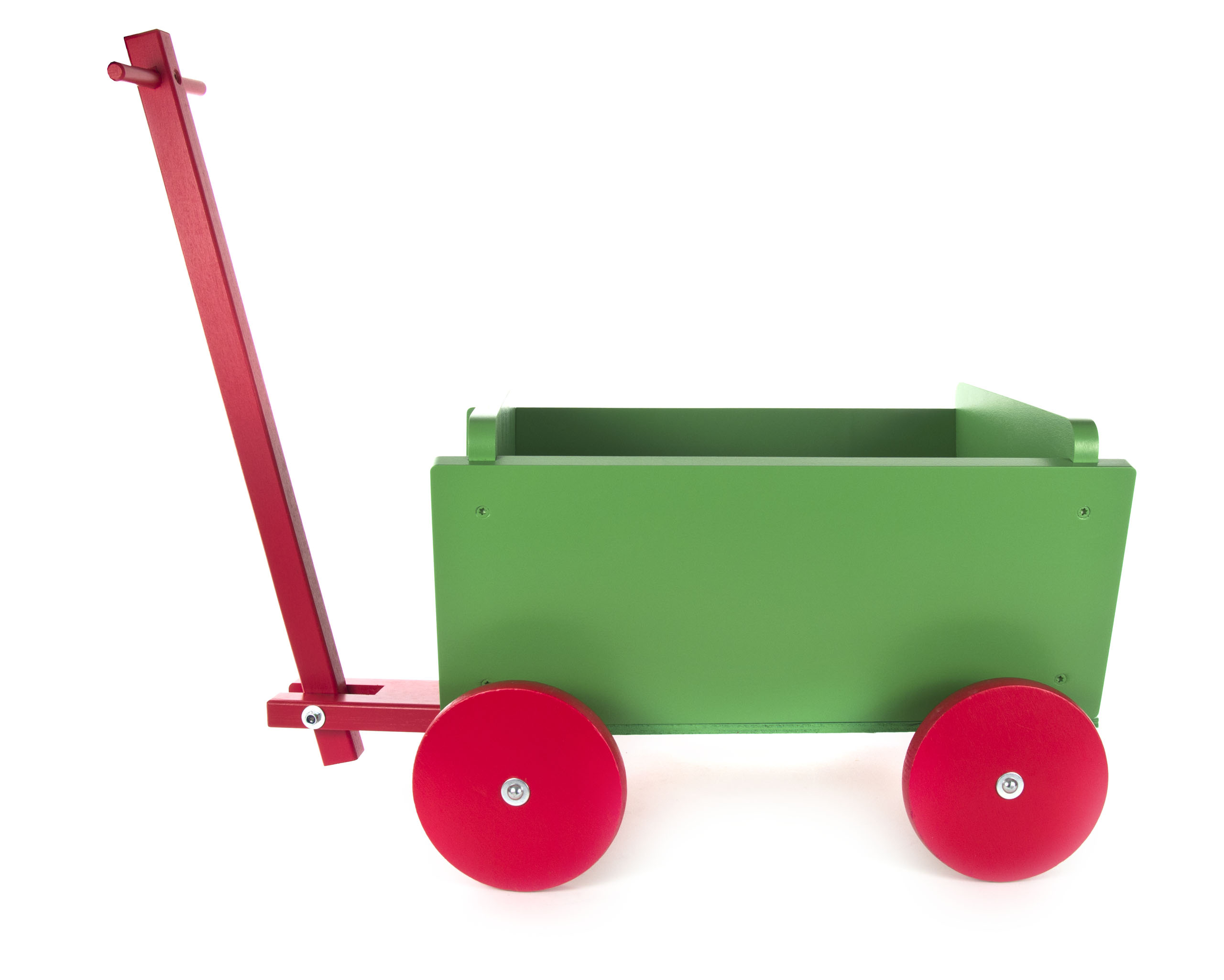 Ein grüner Bollerwagen mit einem roten Handgriff und roten Rädern.