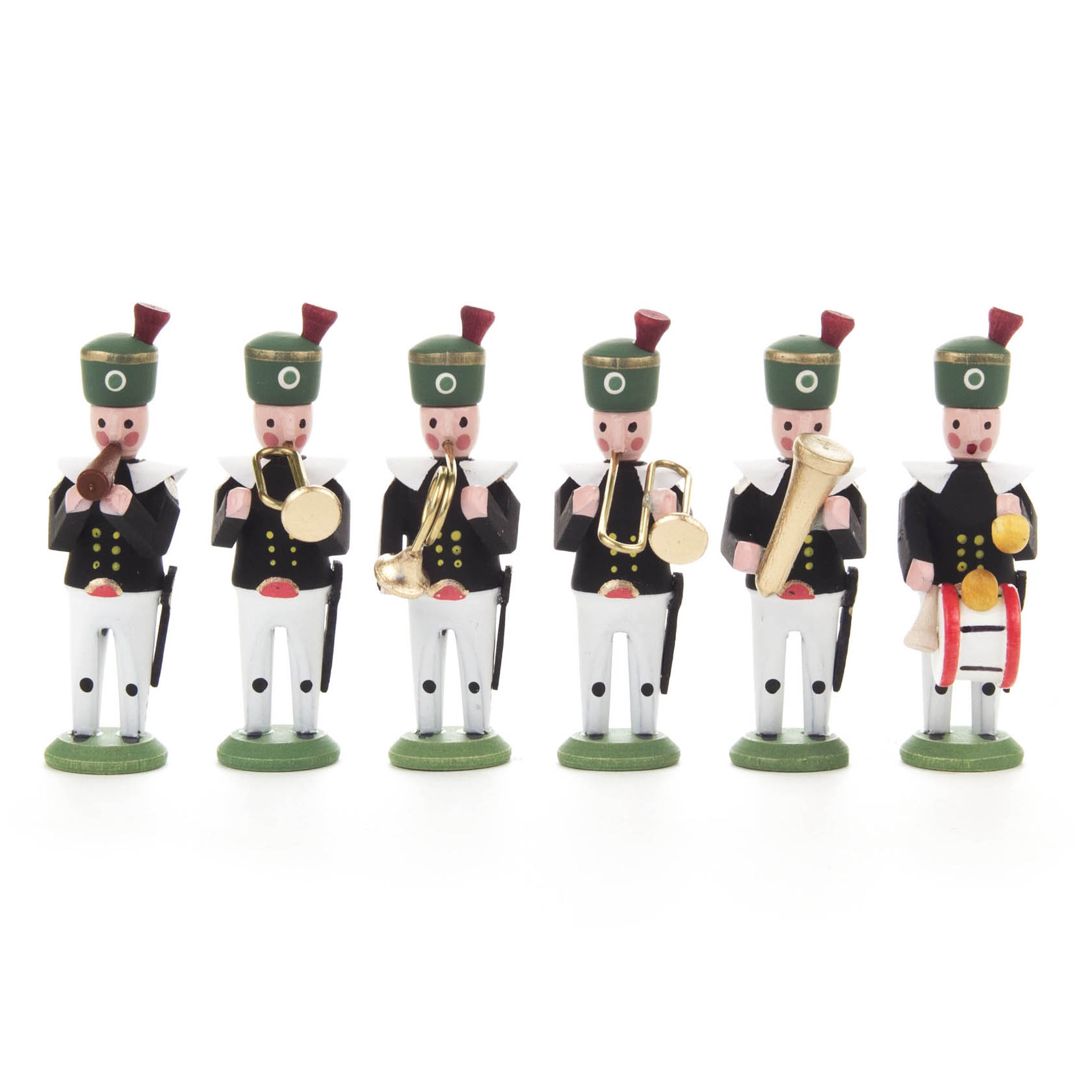 Sechs geschnitzte Holzfiguren von Bergleuten in Uniform spielen verschiedene Musikinstrumente, darunter Flöte, Trommel und Tuba. im Dregeno Online Shop günstig kaufen