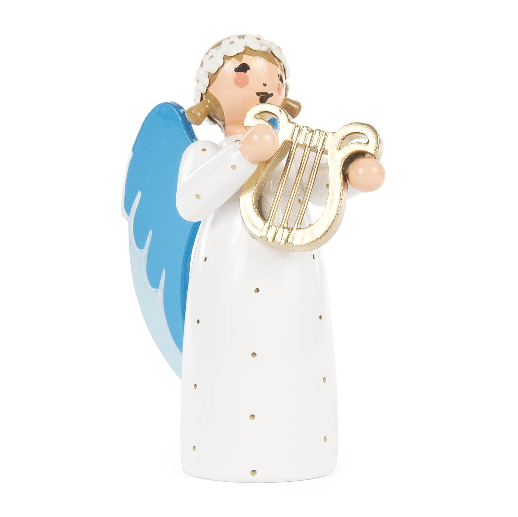 Figur eines Engels mit goldener Lyra, weißem Kleid und blauen Flügeln. Der Engel hat braune Haare und hält die Lyra mit beiden Händen. im Dregeno Online Shop günstig kaufen