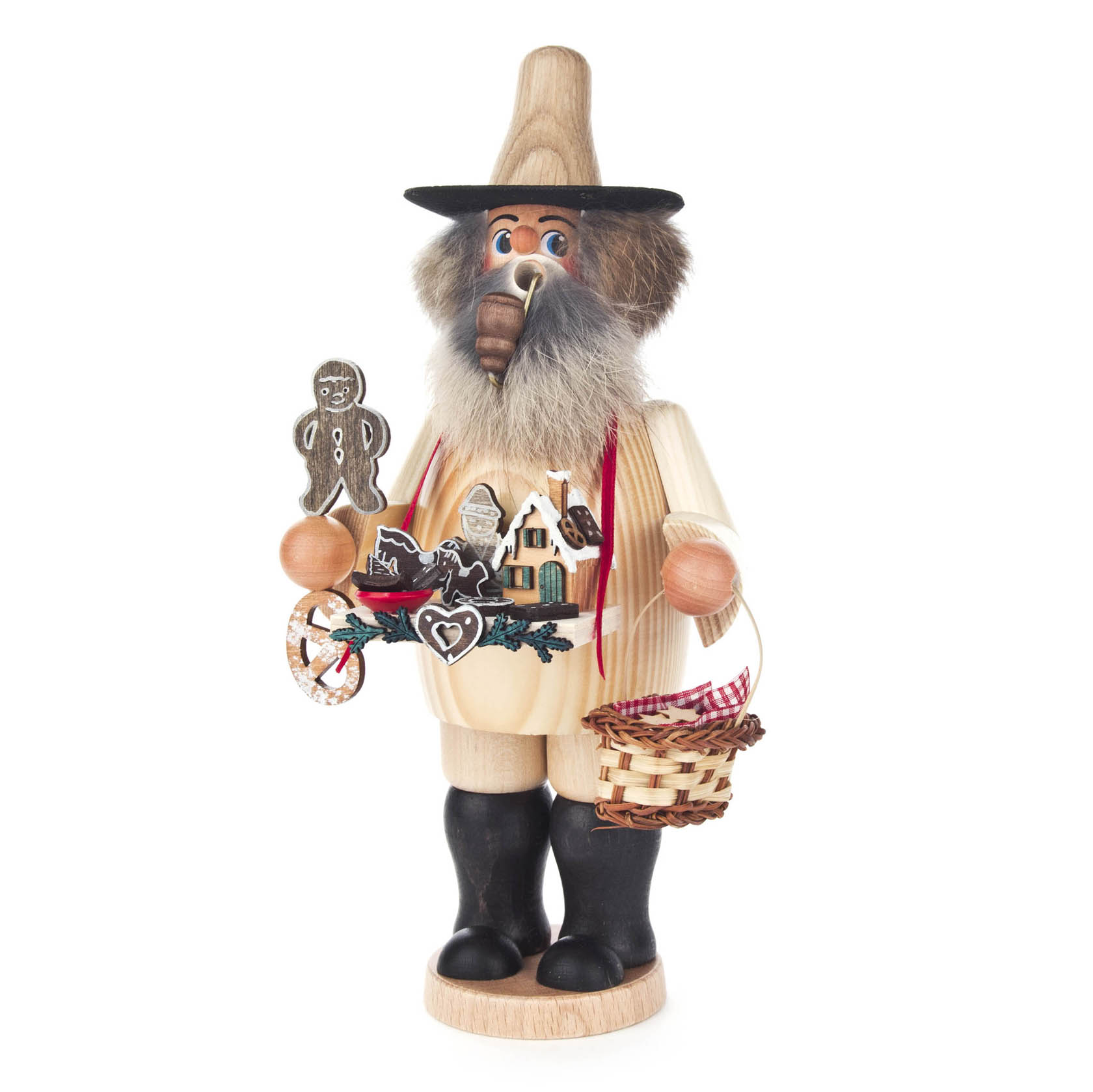 Ein traditioneller Räuchermann aus Holz in Form eines Pfefferkuchenhändlers mit Bart, Pfeife, schwarzem Hut und einem Korb, dekoriert mit Miniatur-Plätzchen. im Dregeno Online Shop günstig kaufen