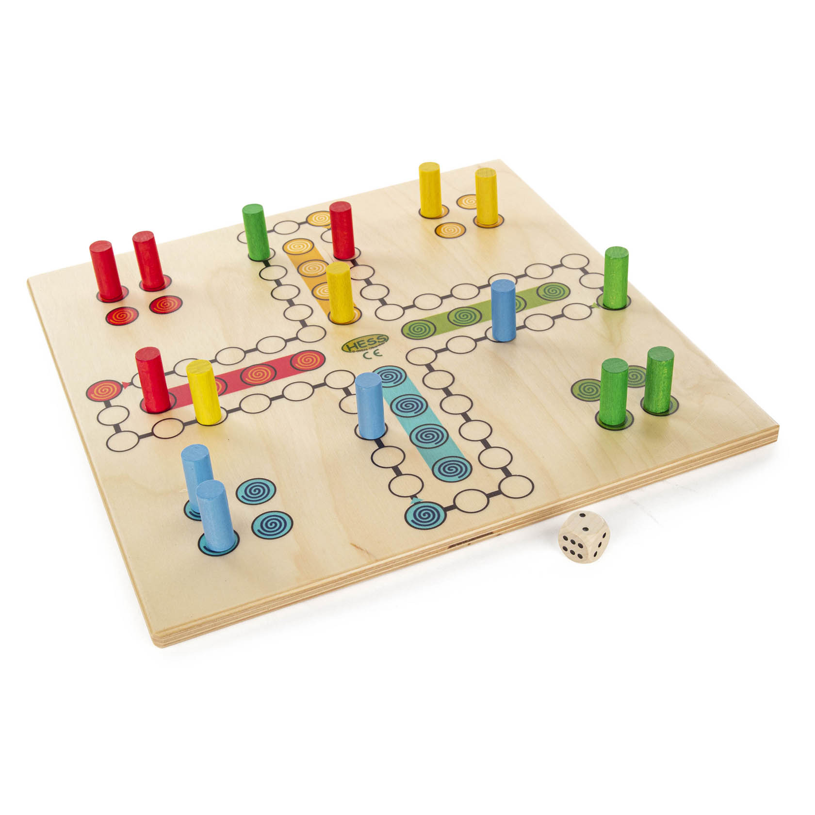 Holzspielbrett mit kreuzförmigen Pfaden und bunten Spielfiguren in Rot, Grün, Gelb und Blau, begleitet von einem Würfel. im Dregeno Online Shop günstig kaufen