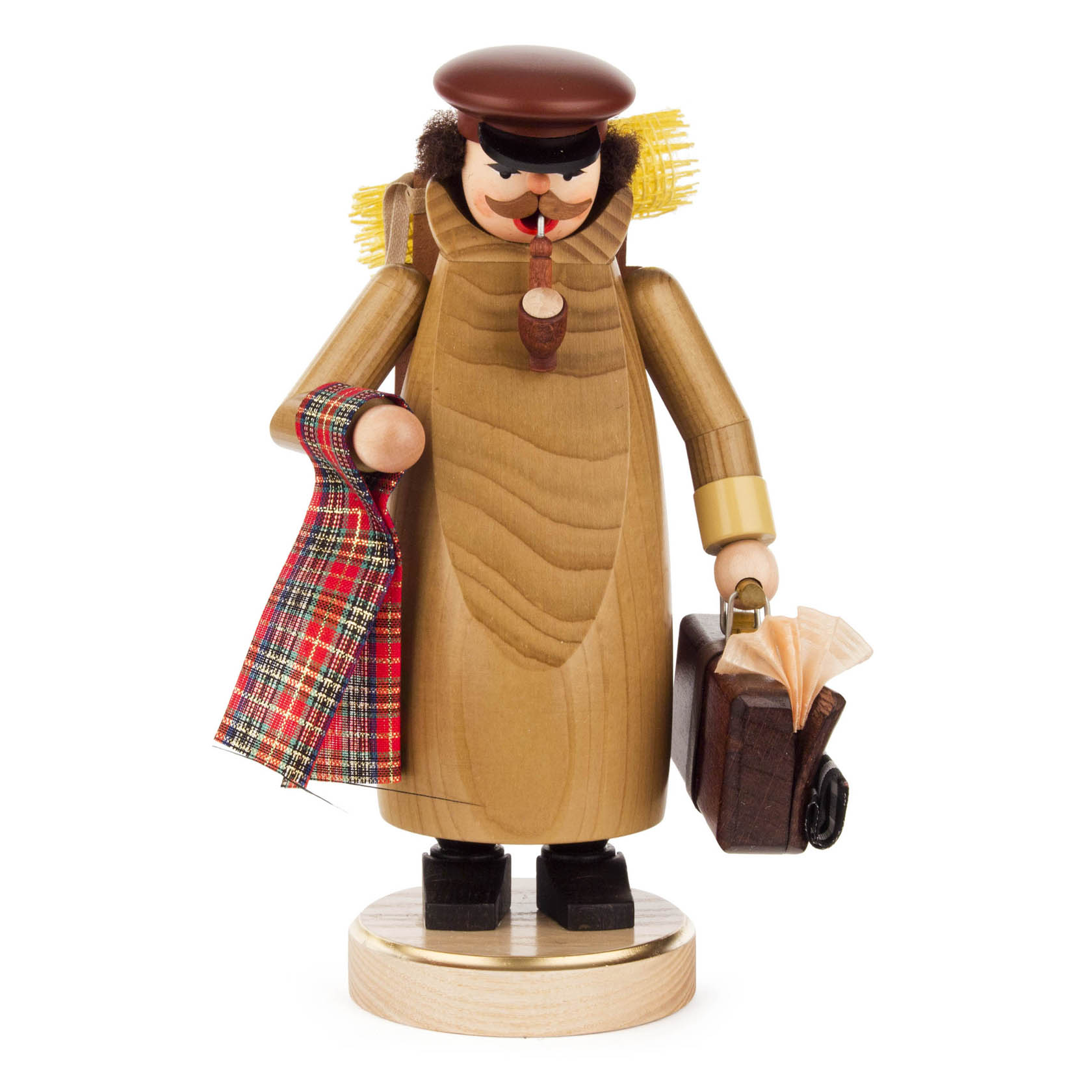 A wooden incense smoker figurine of a fabric merchant with a curled mustache, holding fabric and a suitcase, wearing a brown hat and coat.