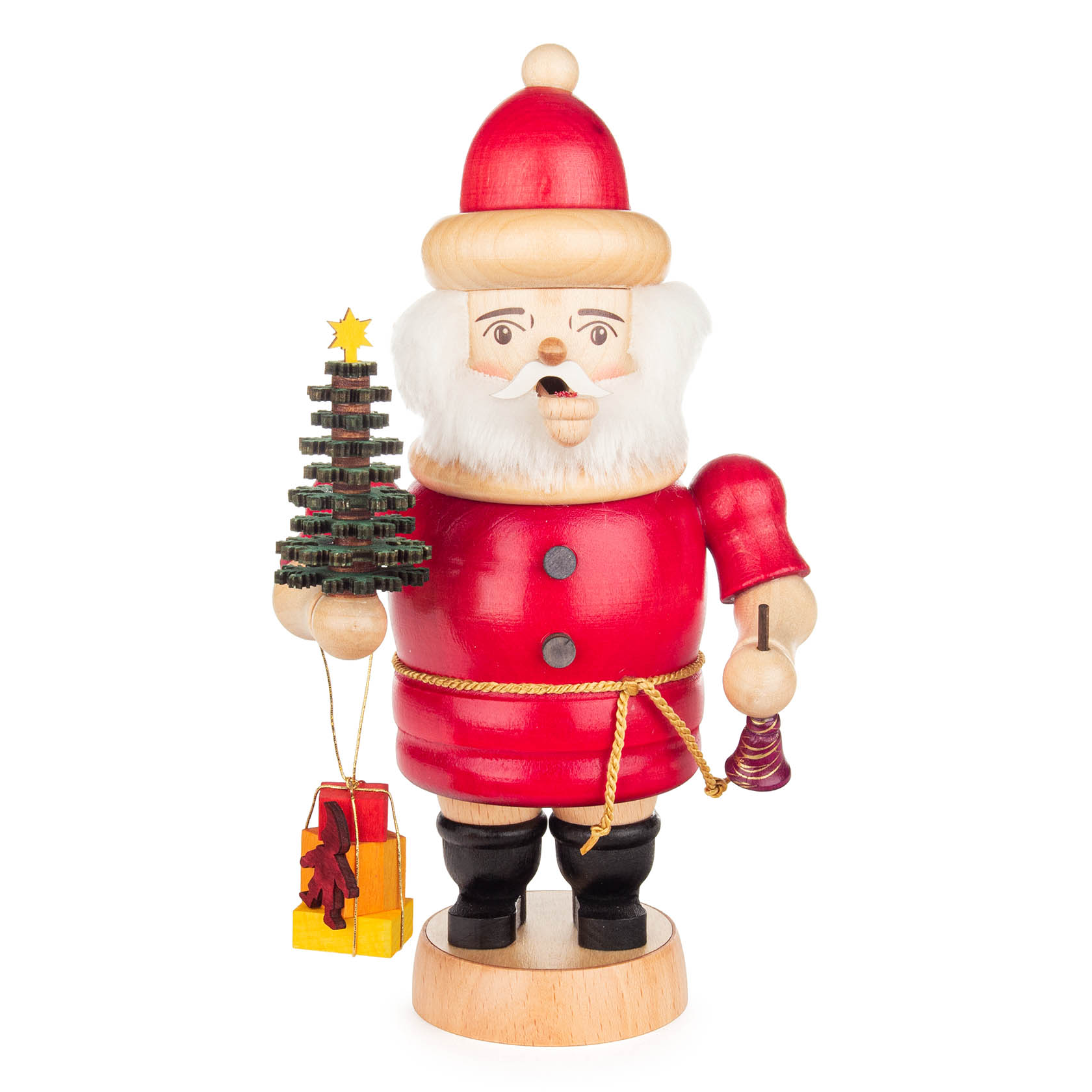 Ein traditioneller Räuchermann in der Form eines Weihnachtsmannes, mit rotem Gewand, einer Pfeife, einem Miniatur-Weihnachtsbaum und einem Geschenkanhänger. im Dregeno Online Shop günstig kaufen