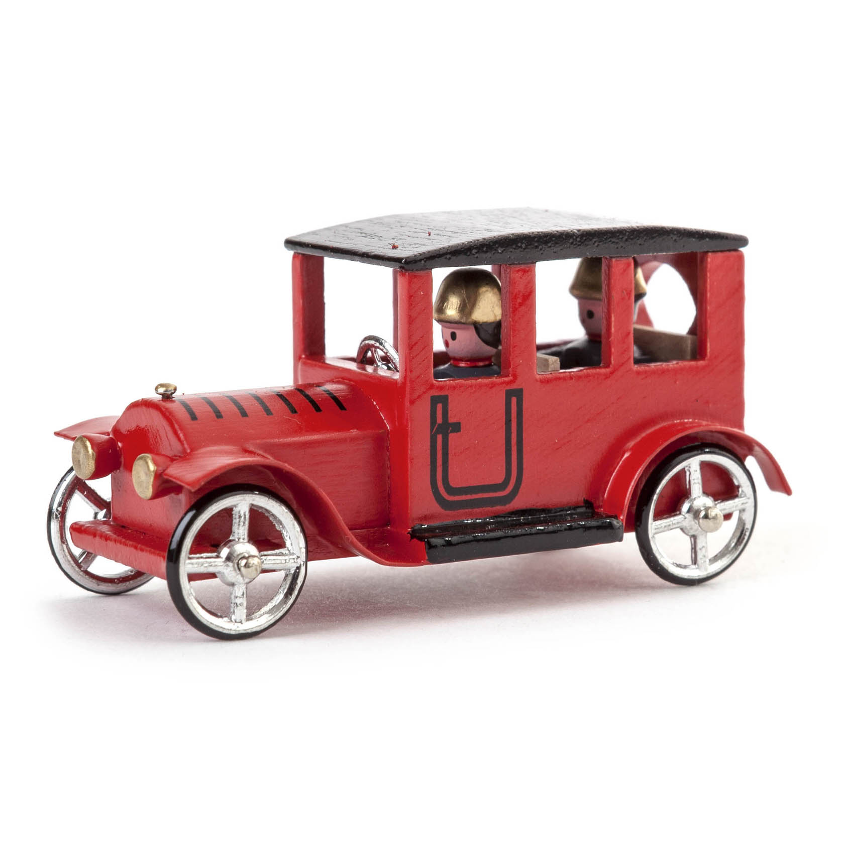 Ein rotes Spielzeugauto in Form eines Kommandantenwagens mit schwarzen Details und silbernen Rädern. Zwei Spielzeugsoldaten mit goldenen Helmen sitzen im Fahrzeug. im Dregeno Online Shop günstig kaufen