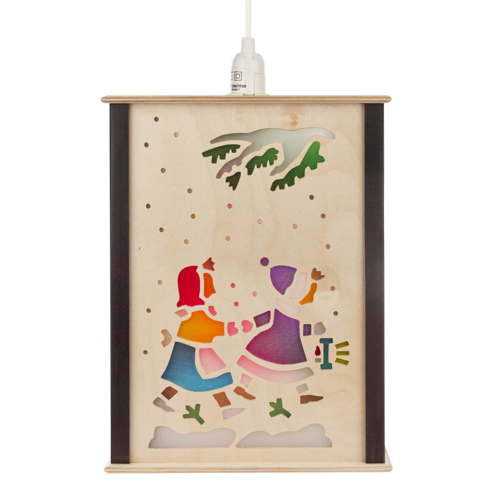Holzfensterlaterne mit zwei bunten Kindern im Winter, die im Schnee spazieren gehen. im Dregeno Online Shop günstig kaufen