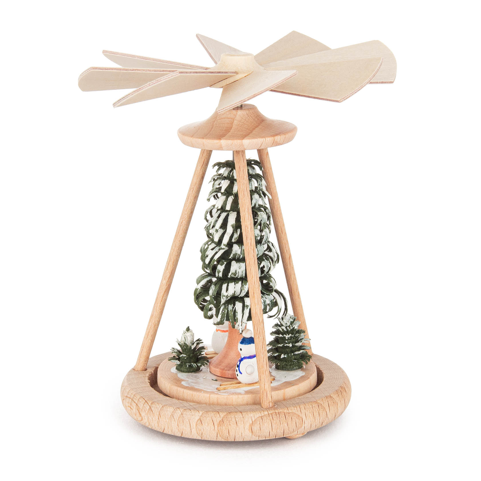 Ein traditionelles Wärmespiel aus Holz mit einem Schneemann und einem Weihnachtsbaum, angetrieben durch die Wärme eines Teelichts.