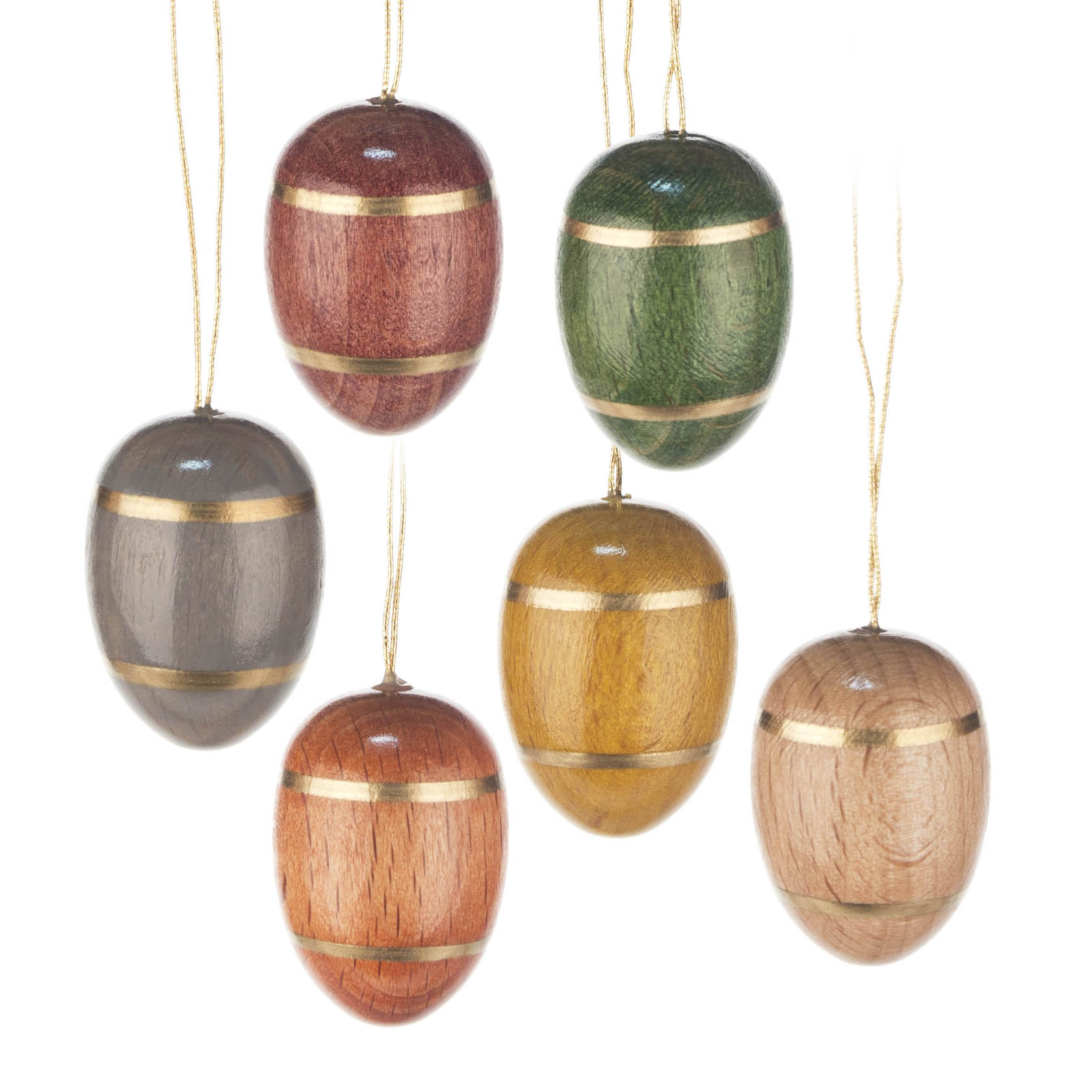 Sechs hölzerne Ostereier in verschiedenen Farben mit horizontalen Streifen und goldenen Fäden zum Aufhängen. im Dregeno Online Shop günstig kaufen