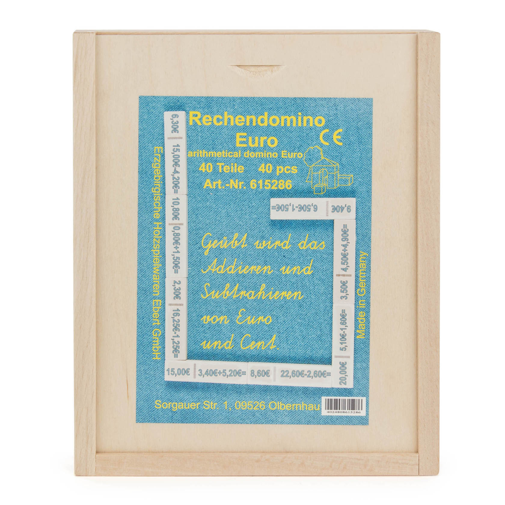 Rechendomino Euro Set in einer Holzkiste, enthält 40 Teile zur Übung von Addition und Subtraktion mit Euro und Cent. Label in deutscher Sprache. im Dregeno Online Shop günstig kaufen