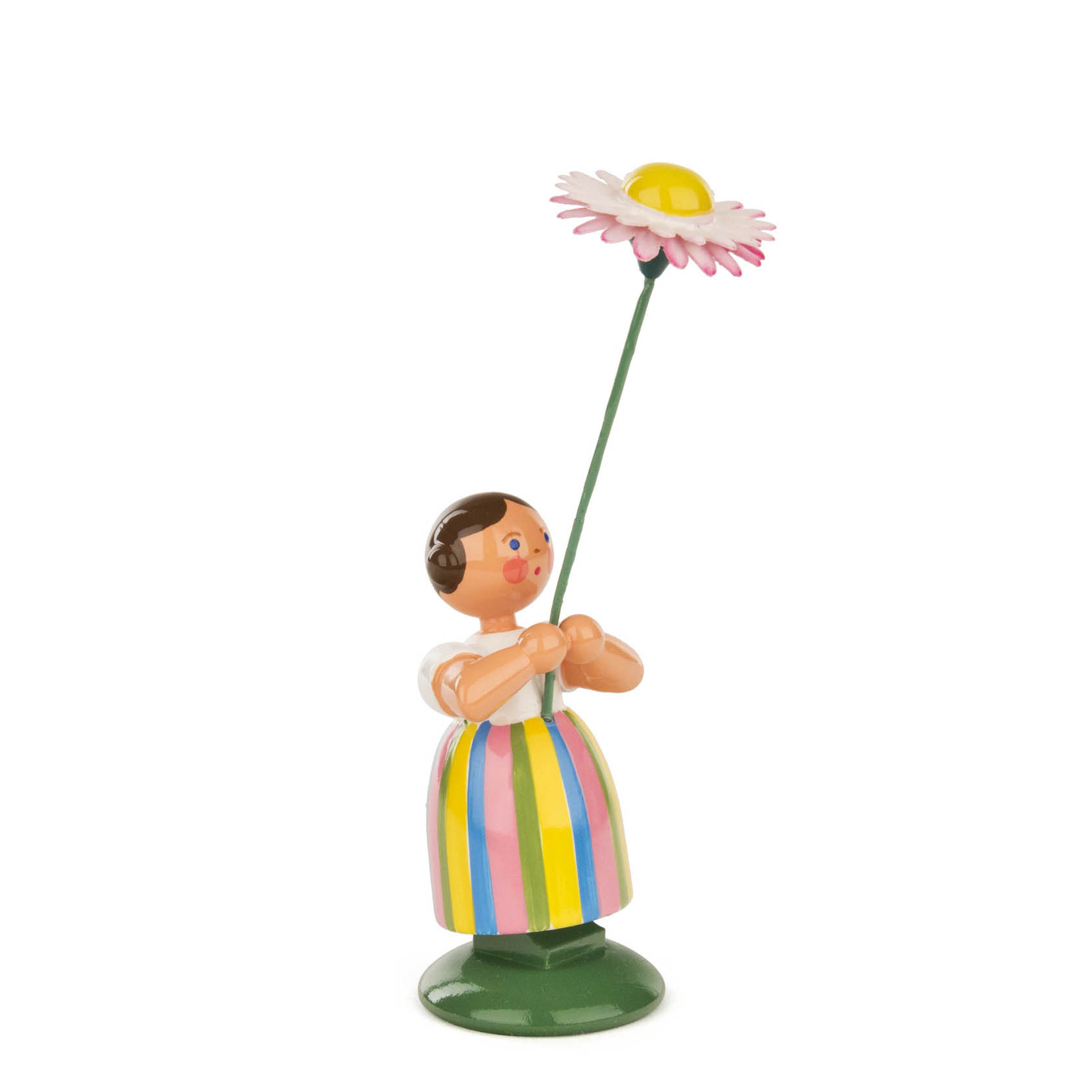 Holzfigur eines Mädchens mit buntem Kleid, das eine große Gänseblume hochhält. im Dregeno Online Shop günstig kaufen