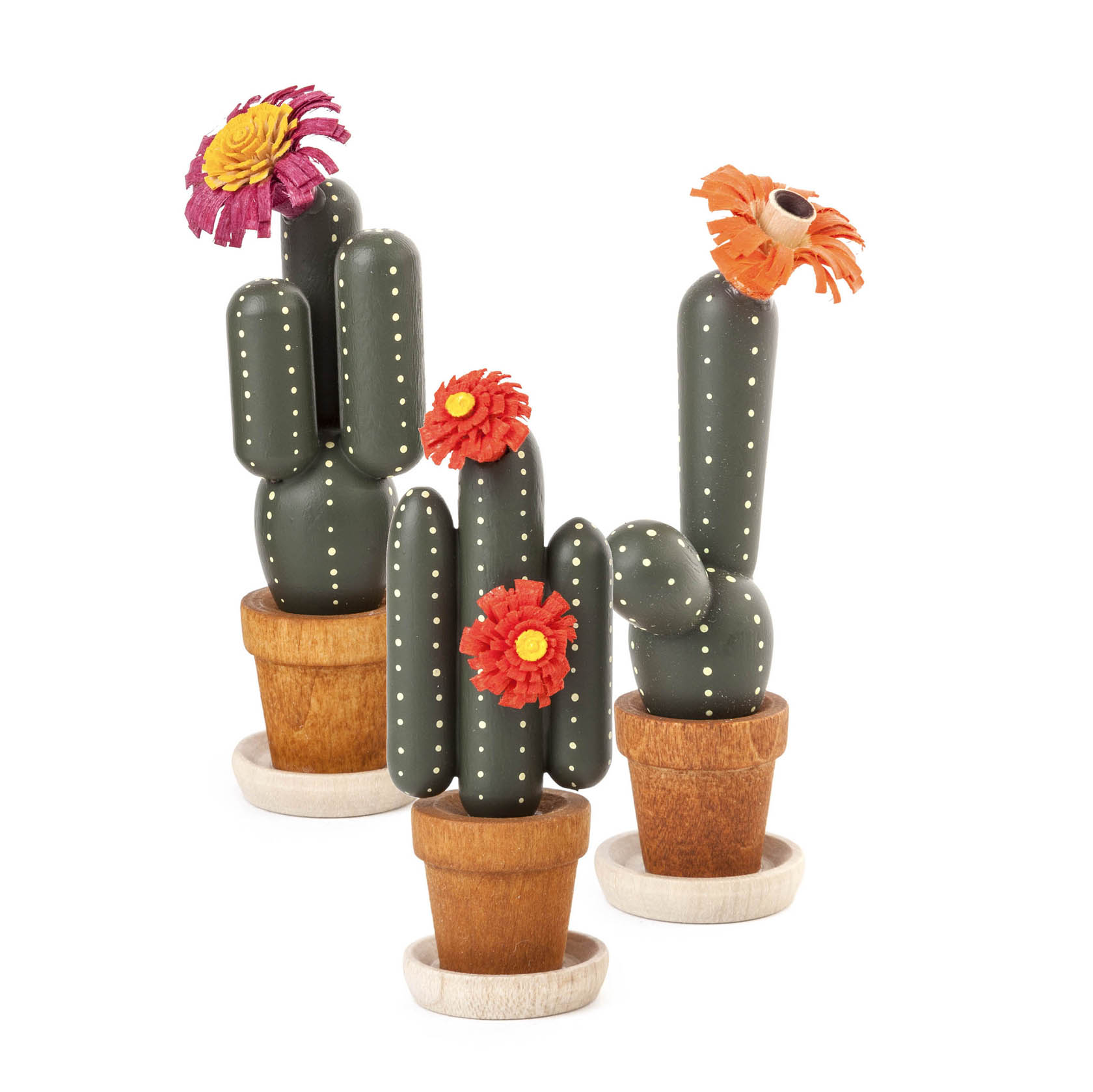 Drei stilisierte grüne Kaktusfiguren mit weißen Punkten in kleinen Töpfen. Jeder Kaktus hat bunte Papierblüten in Rot, Orange und Lila. im Dregeno Online Shop günstig kaufen