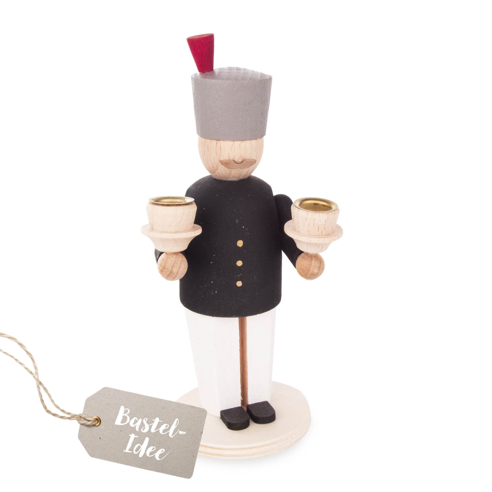Holzfigur eines Bergmanns in traditioneller Uniform mit grauem Hut, hält zwei Kerzenhalter, eine in jeder Hand. im Dregeno Online Shop günstig kaufen