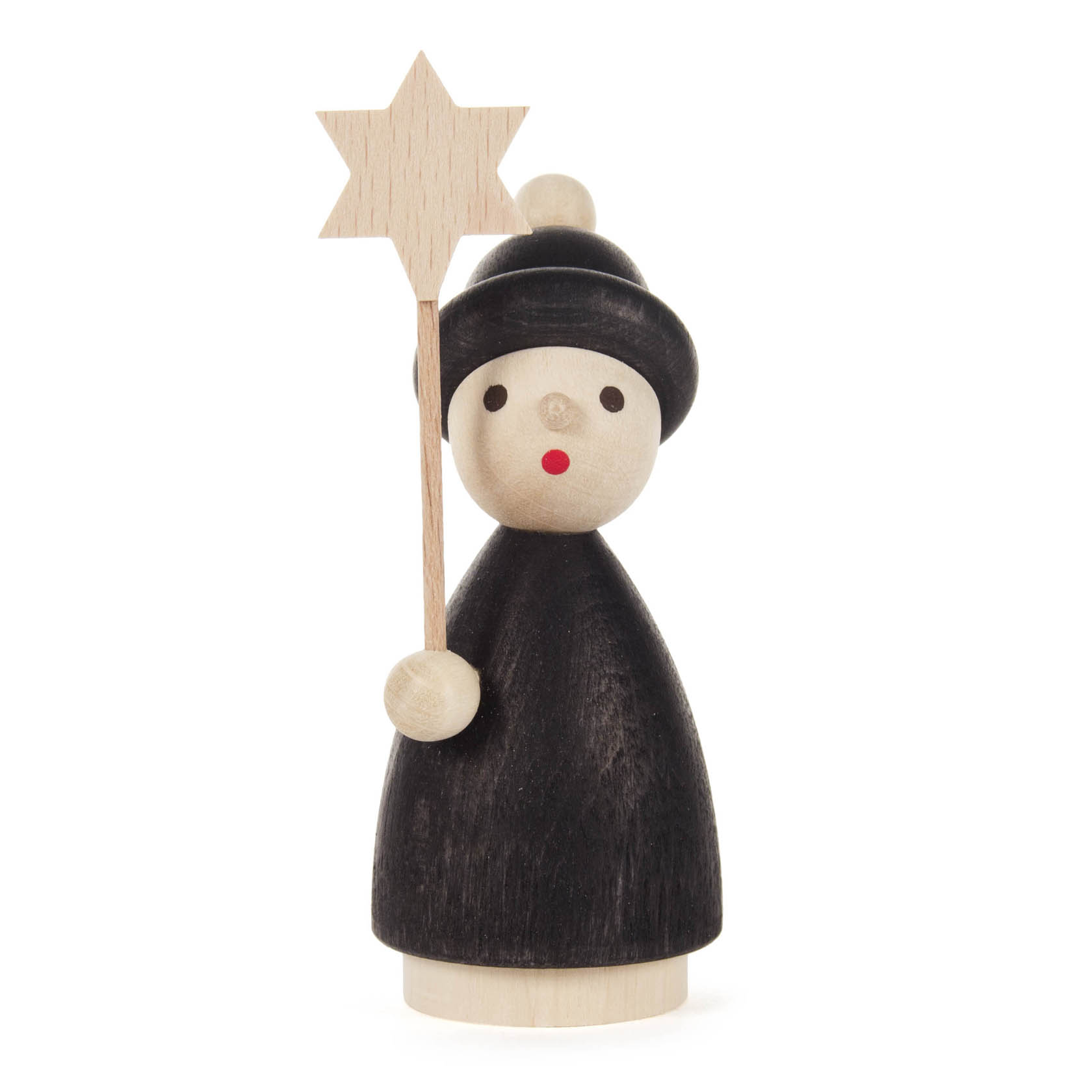 Eine Holzfigur eines Kurrendekindes in schwarzem Gewand mit rotem Mund und einem sieben-zackigen Holzstern in der rechten Hand. im Dregeno Online Shop günstig kaufen