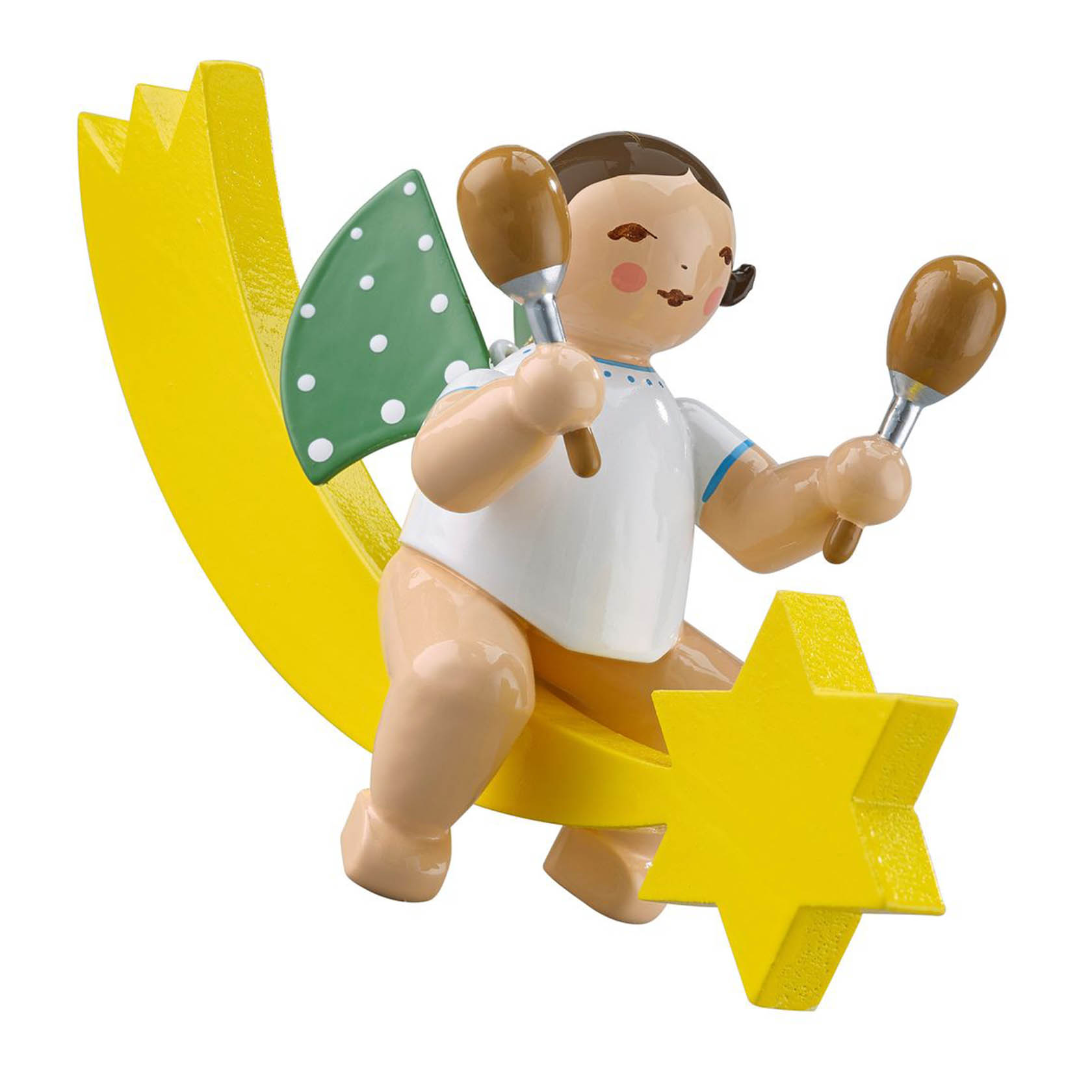 Holzfigur eines lächelnden Engels mit gepunkteten grünen Flügeln, Maracas haltend, auf einem gelben Schweif sitzend. im Dregeno Online Shop günstig kaufen