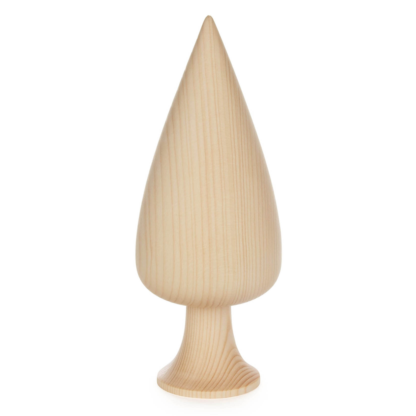 Ein konischer Dekobaum aus naturbelassenem Massivholz mit sichtbarer Holzmaserung und rundem Sockel. im Dregeno Online Shop günstig kaufen