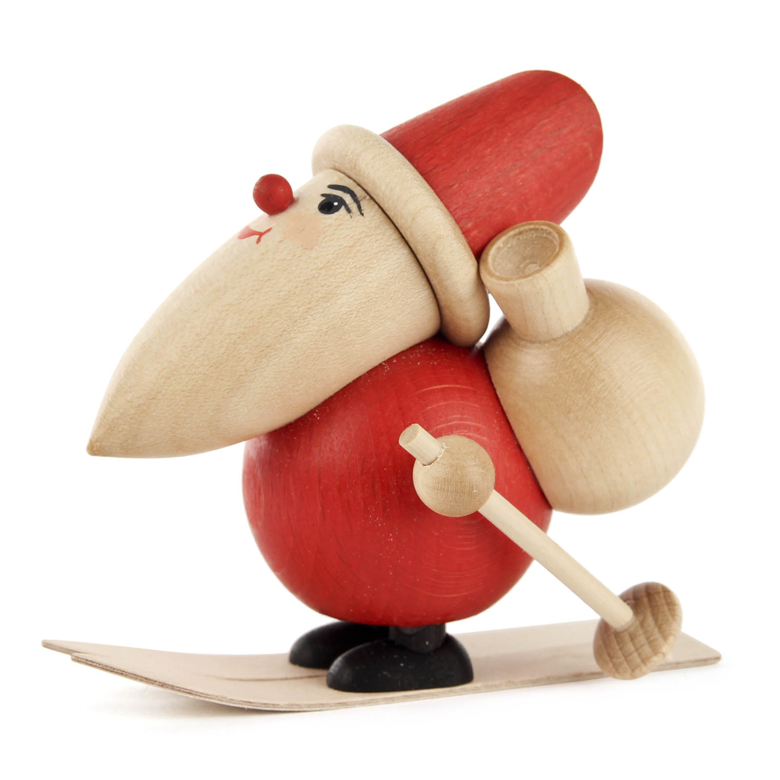 Holzfigur des Weihnachtsmanns mit roter Mütze und Mantel, auf Skiern stehend, mit einem Sack auf dem Rücken und Skistöcken in den Händen. im Dregeno Online Shop günstig kaufen