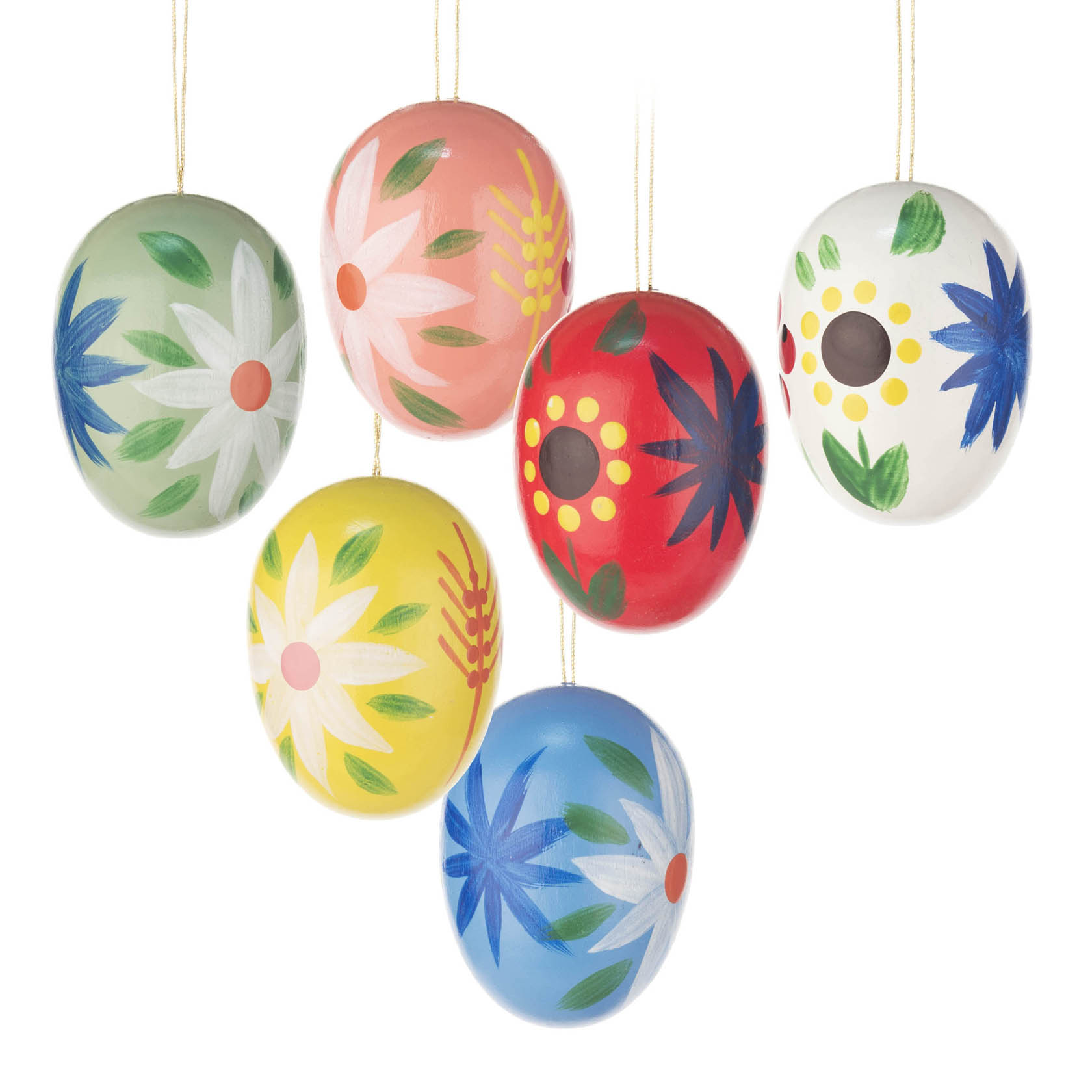 Sechs bunte Ostereier mit verschiedenen Blumenmotiven. Die Eier sind in Grün, Rosa, Rot, Gelb und Blau mit weißen, roten, gelben und blauen Blumen bemalt. im Dregeno Online Shop günstig kaufen