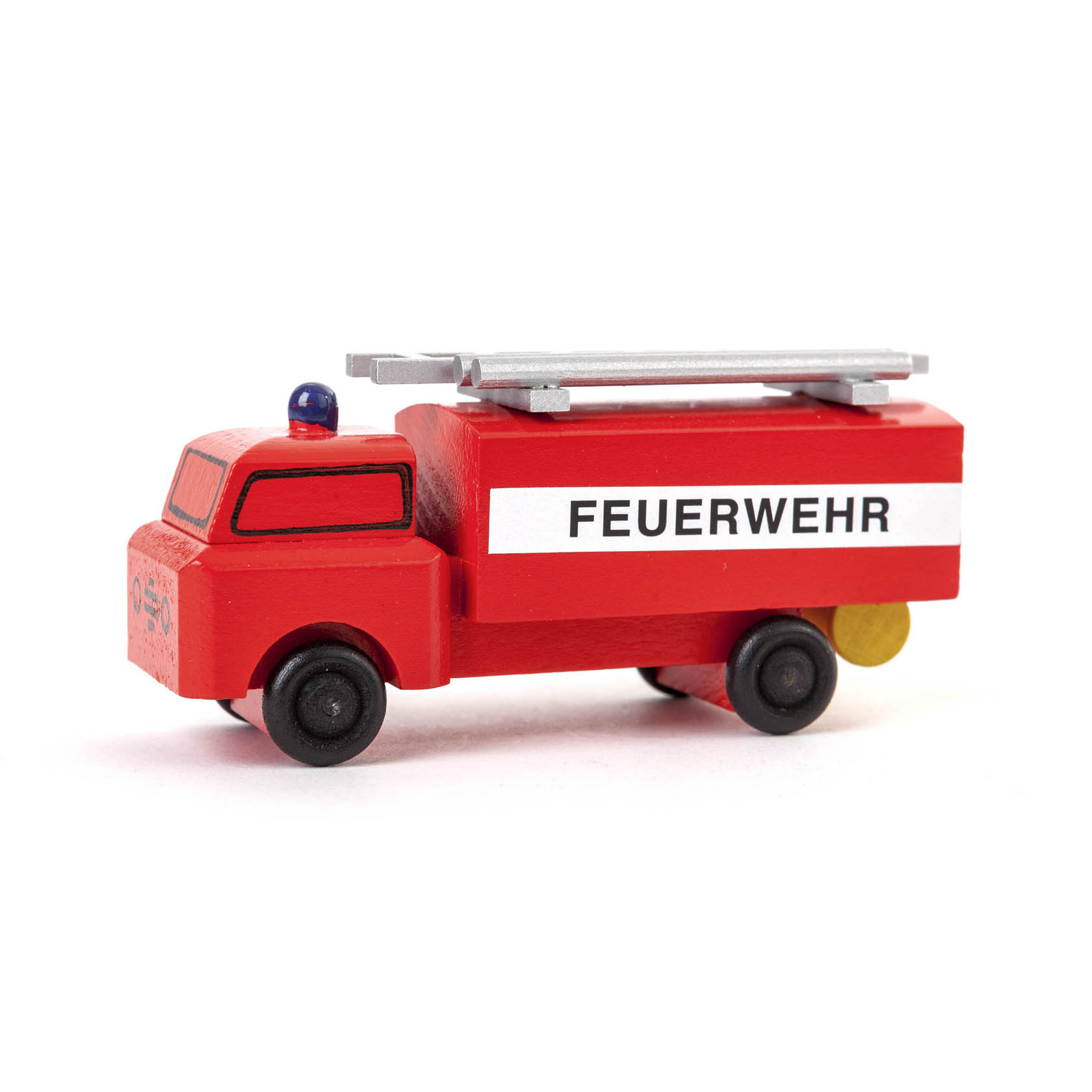Ein rotes Spielzeug-Feuerwehrfahrzeug mit Leiter auf dem Dach und dem Schriftzug 'FEUERWEHR' an der Seite. im Dregeno Online Shop günstig kaufen