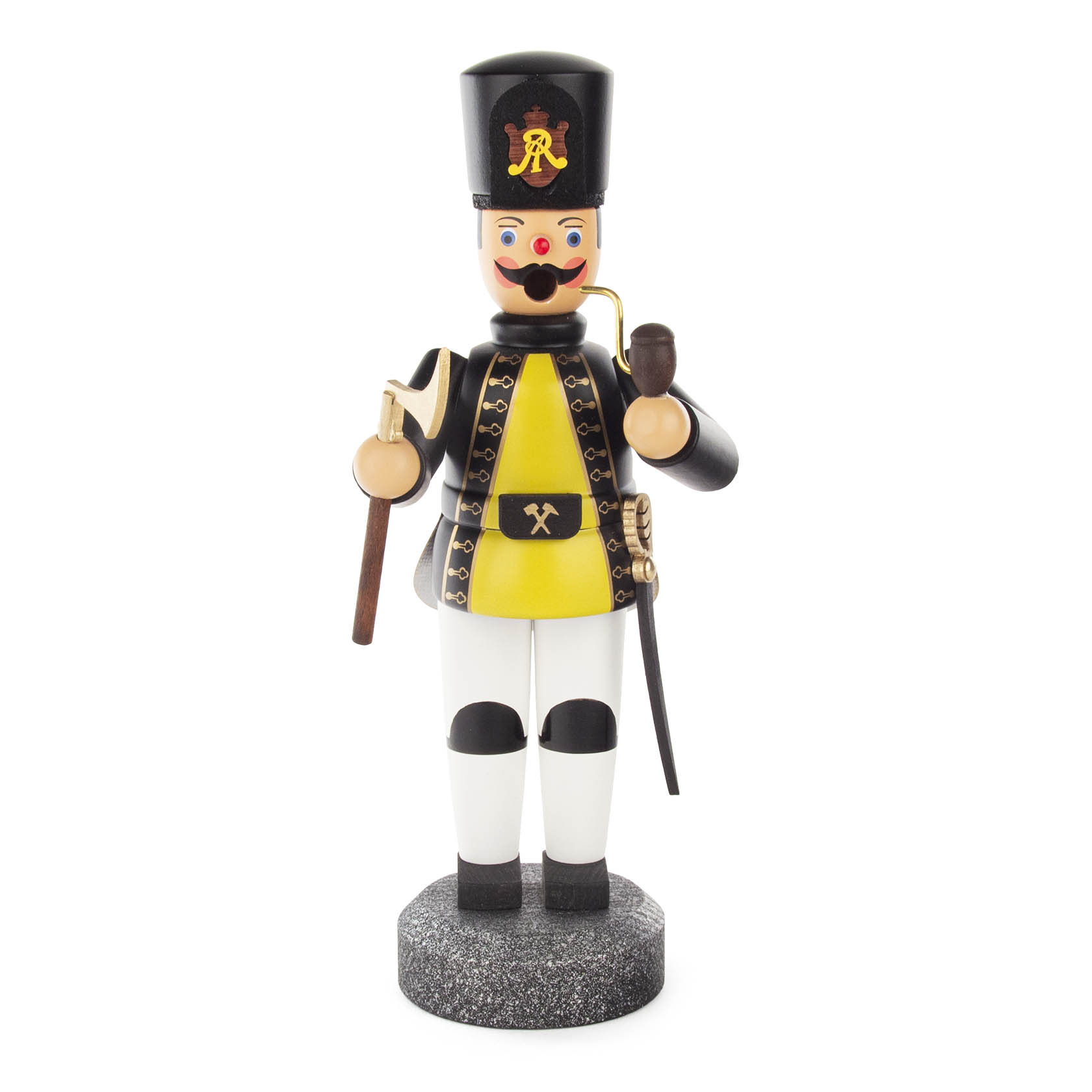 Traditionelle Räucherfigur eines Bergmanns mit schwarzer Uniform, gelber Weste, schwarzem Zylinder mit goldener Verzierung und einer Hacke in der Hand. im Dregeno Online Shop günstig kaufen
