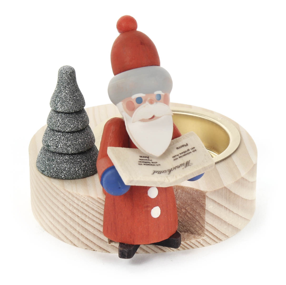 Holz-Teelichthalter mit einem Weihnachtsmann, der eine Zeitung liest, und einem kleinen grauen Tannenbaum.