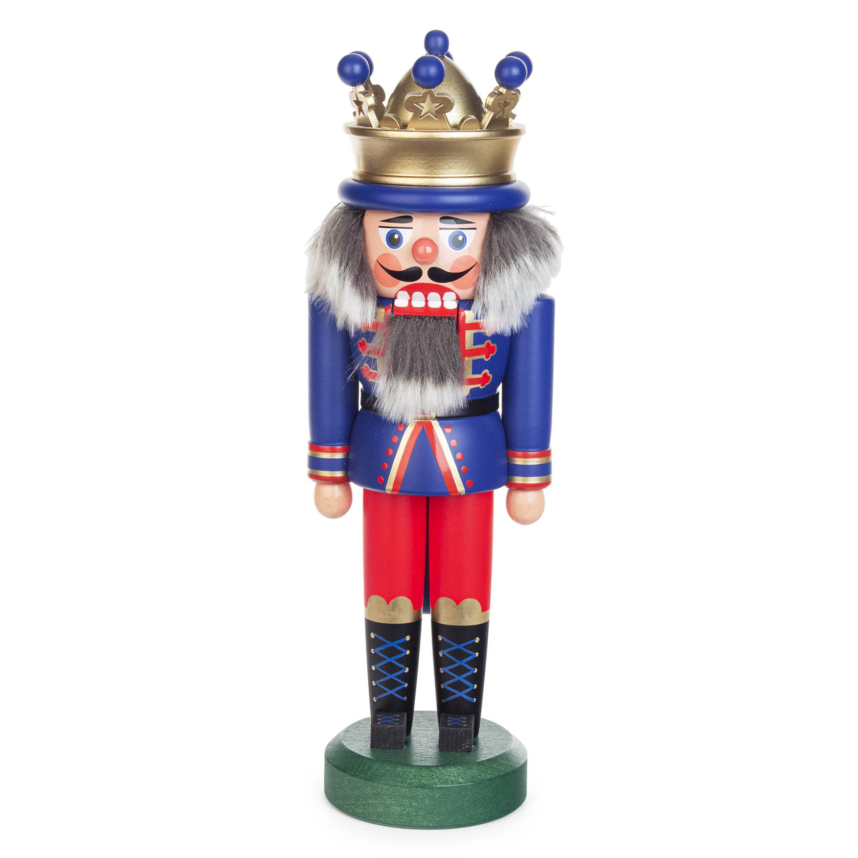 Holz-Nussknacker in königlicher Uniform mit blauer Jacke und goldener Krone, 30 cm groß. Der Nussknacker hat einen buschigen Bart und rote Hosen. im Dregeno Online Shop günstig kaufen