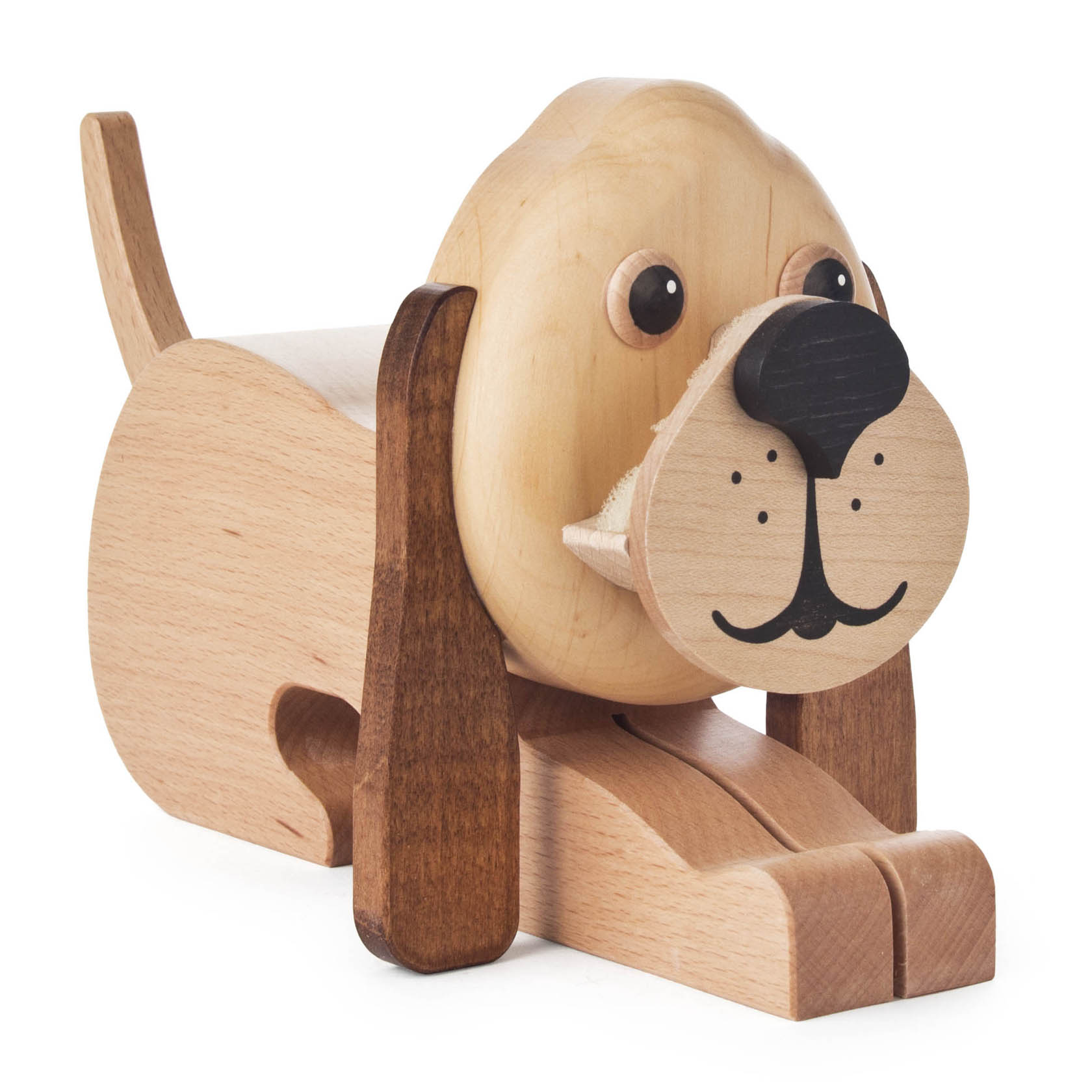 Holzbrillenhalter in Form eines Hundes mit hellem Körper und dunklen Ohren. Der Hund hat ein lächelndes Gesicht und vier stabilen Beinen. im Dregeno Online Shop günstig kaufen