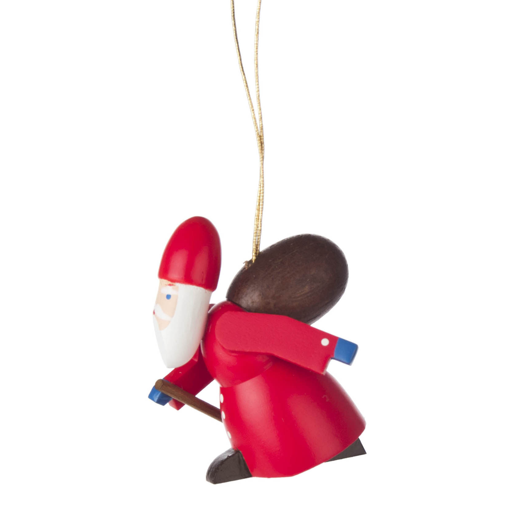 Holzfigur des Knecht Ruprecht als Christbaumschmuck mit rotem Mantel, Mütze, weißem Bart und braunem Sack auf dem Rücken. im Dregeno Online Shop günstig kaufen