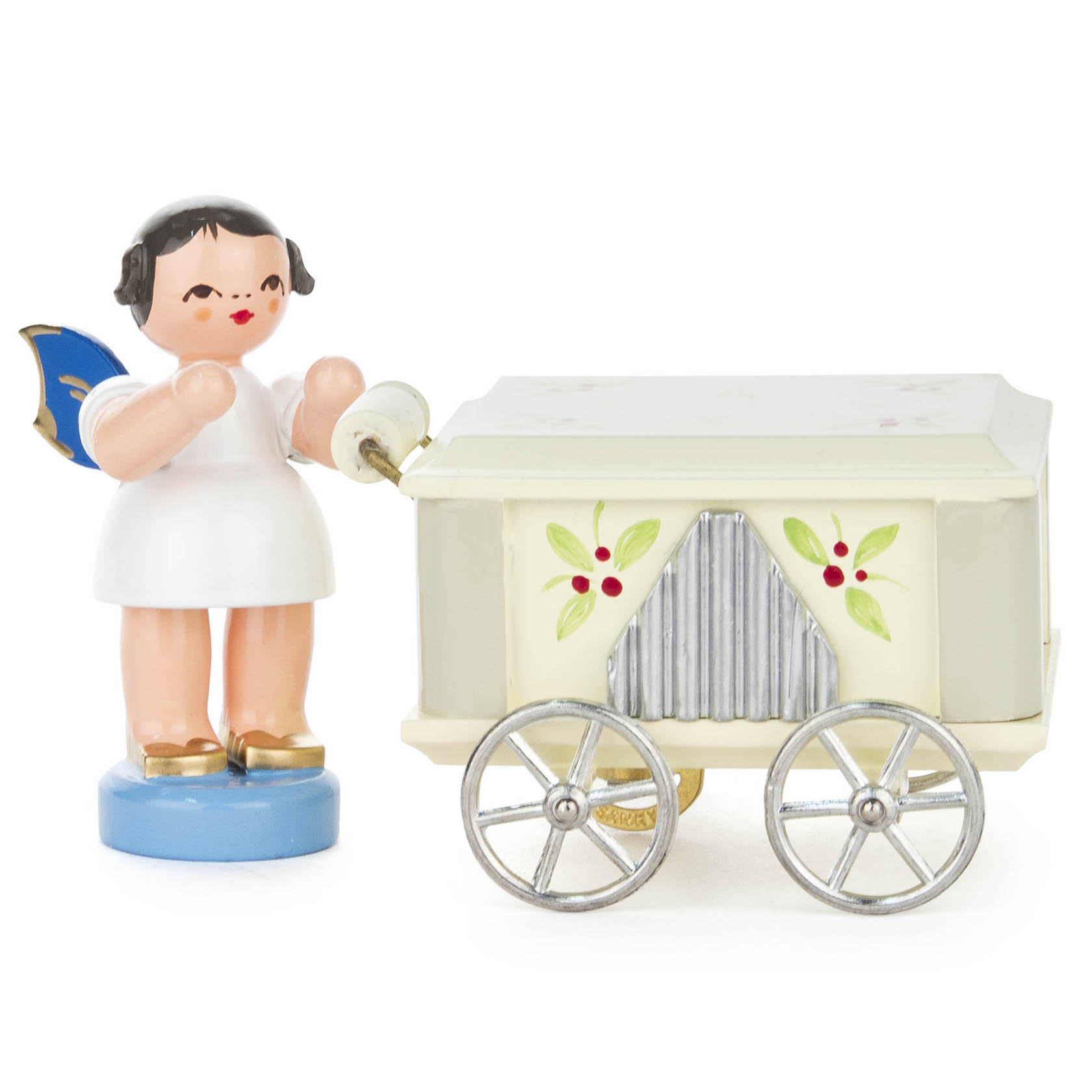 Figur eines Engels mit blauen Flügeln, der eine Drehorgel mit silbernen Rädern und floralem Dekor bedient. im Dregeno Online Shop günstig kaufen