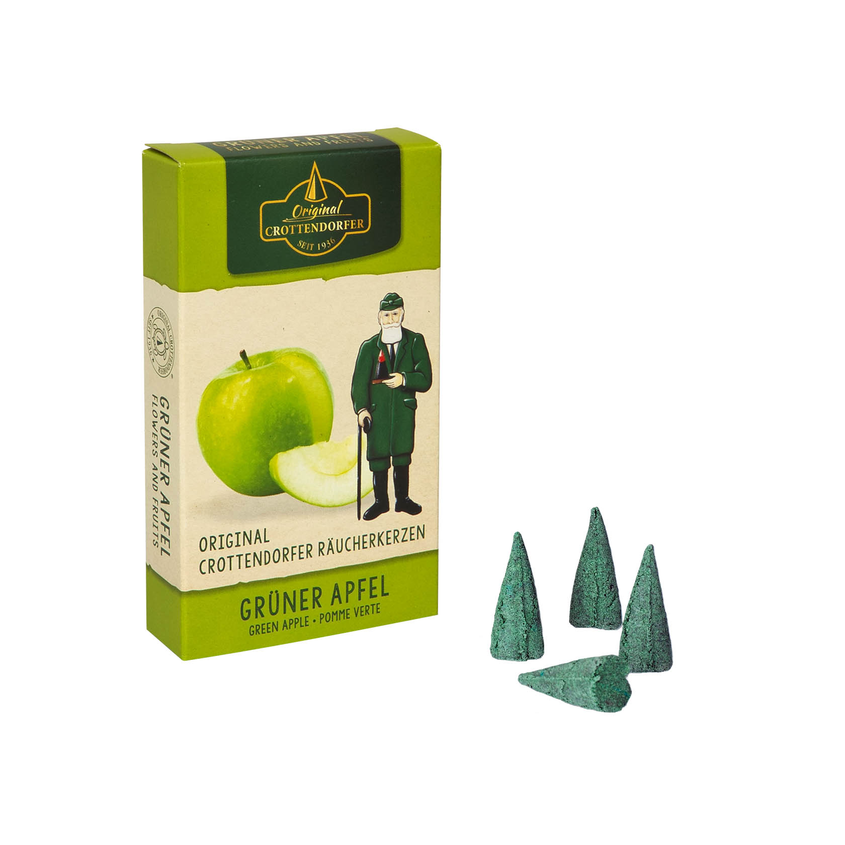 Grüne Verpackung Crottendorfer Räucherkerzen Grüner Apfel mit vier grünen Räucherkerzenkegeln davor, einer davon brennt. im Dregeno Online Shop günstig kaufen