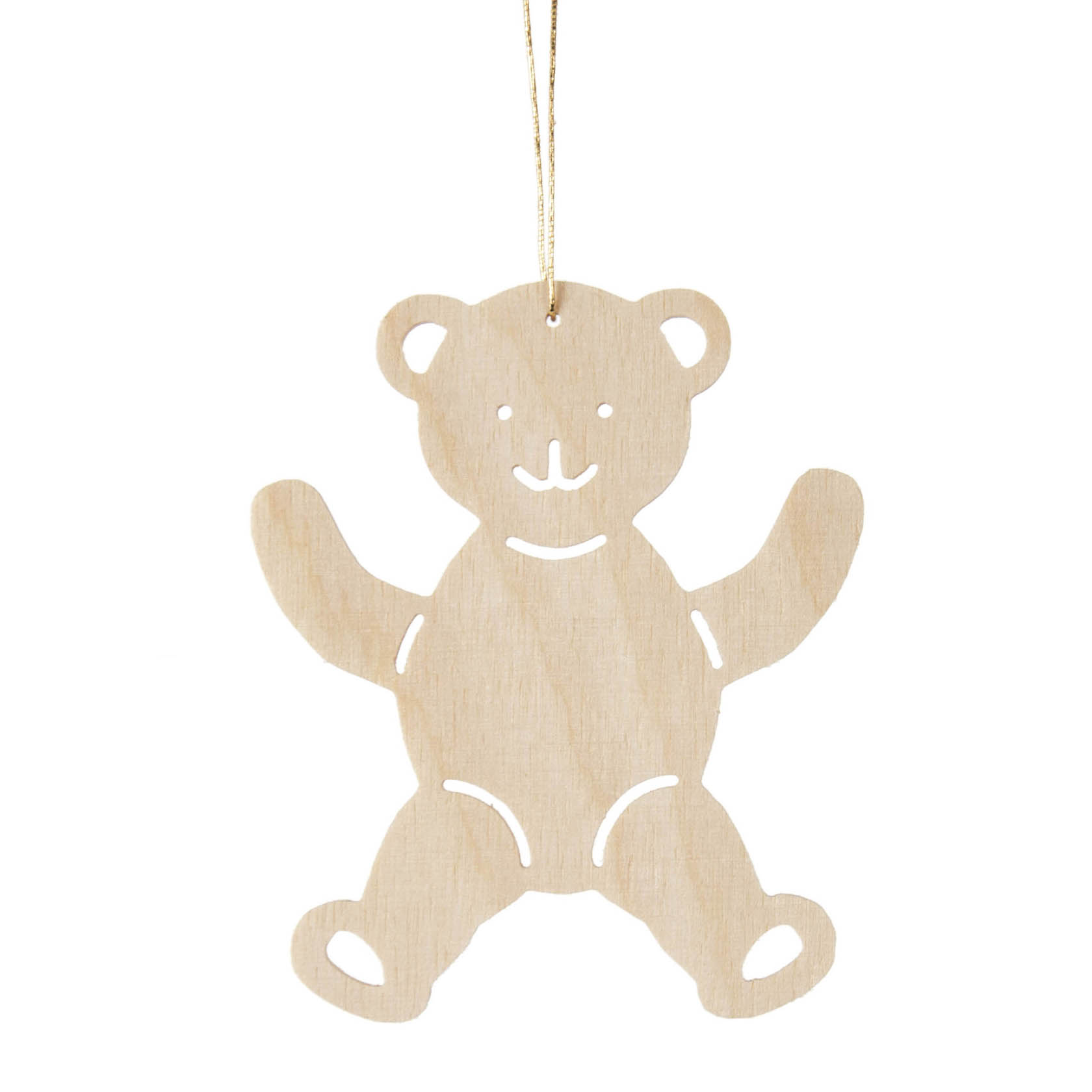 A wooden teddy bear Christmas ornament with a smiling face and outstretched arms, hanging from a gold thread. im Dregeno Online Shop günstig kaufen
