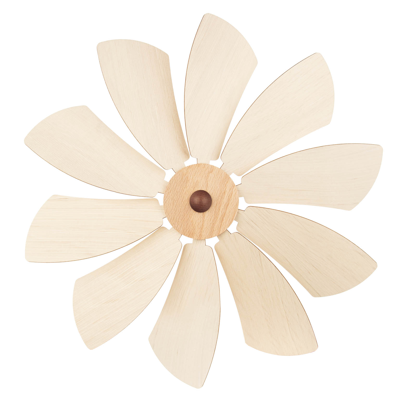 Holzflügelrad mit neun geschwungenen Blättern und einer Bohrung von 4,5 mm in der Mitte. Jedes Blatt ist symmetrisch und gleich groß. im Dregeno Online Shop günstig kaufen